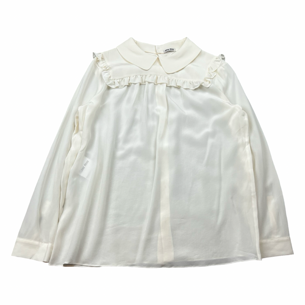 (W)Miu Miu Silk Frill Peter Pan Collar Blouse Ivory