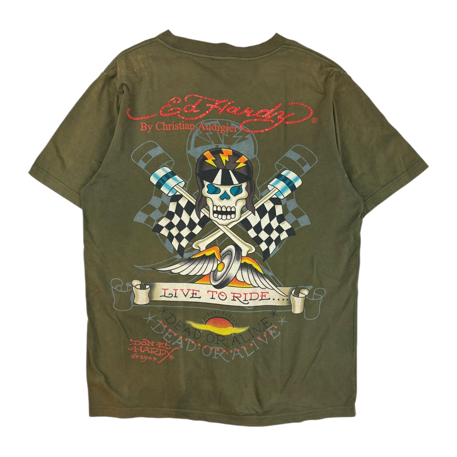 Vintage Y2K Ed Hardy “Live to Ride” Skull T-Shirt Green