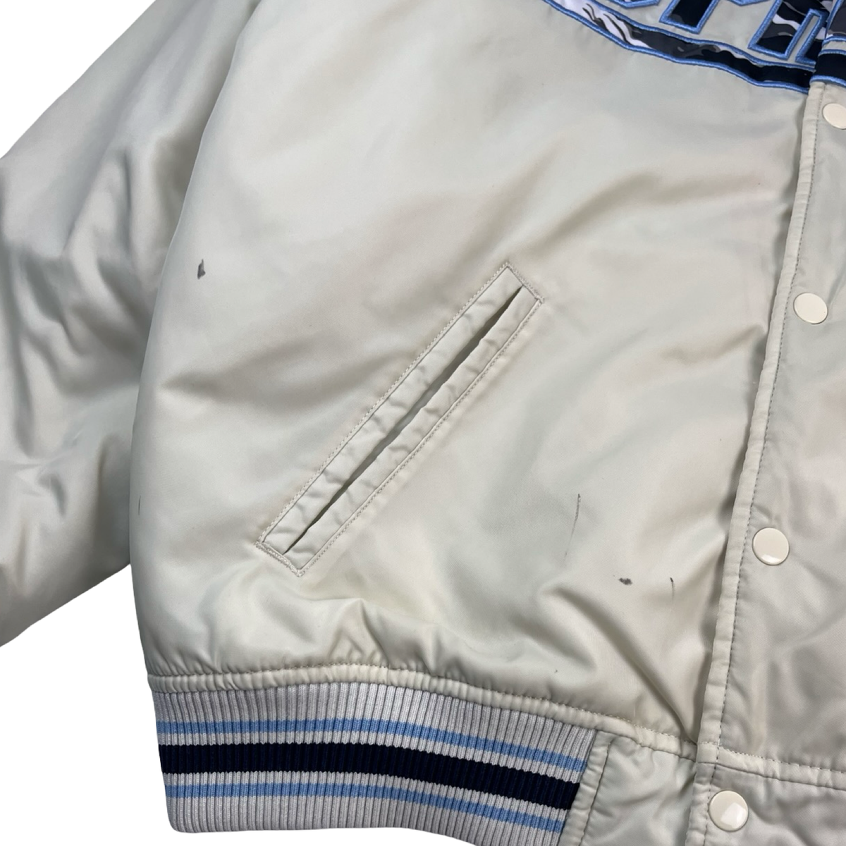 Supreme Mitchell & Ness Camo Logo Varsity Jacket White