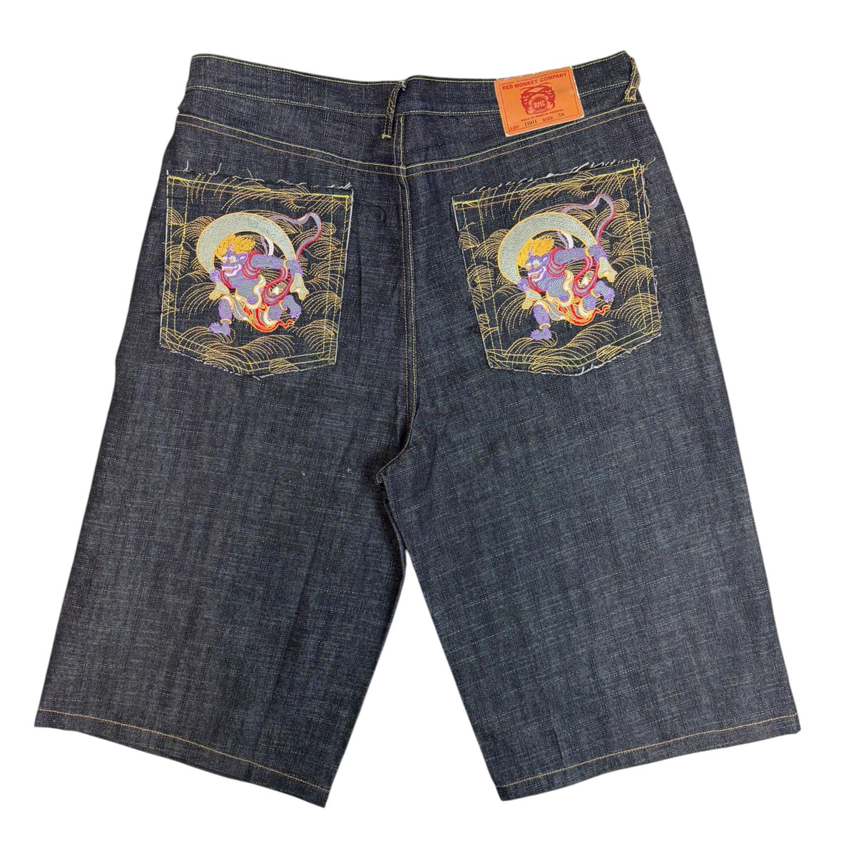 Red Monkey Company Embroided Dragon Baggy Denim Shorts Dark Wash/Black