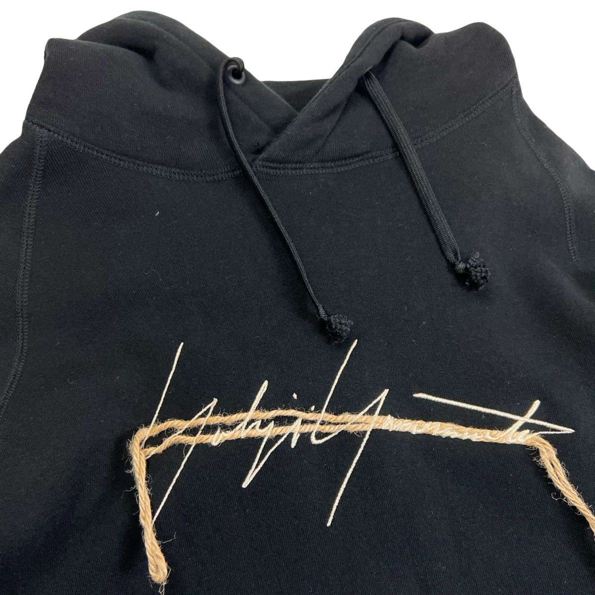 Yohji Yamamoto Rope String Logo Cotton Hoodie Black