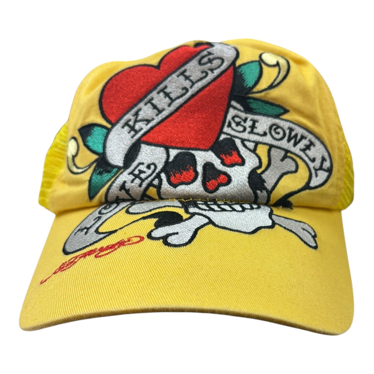 Vintage Ed Hardy Skull Snapback Trucker Hat Yellow