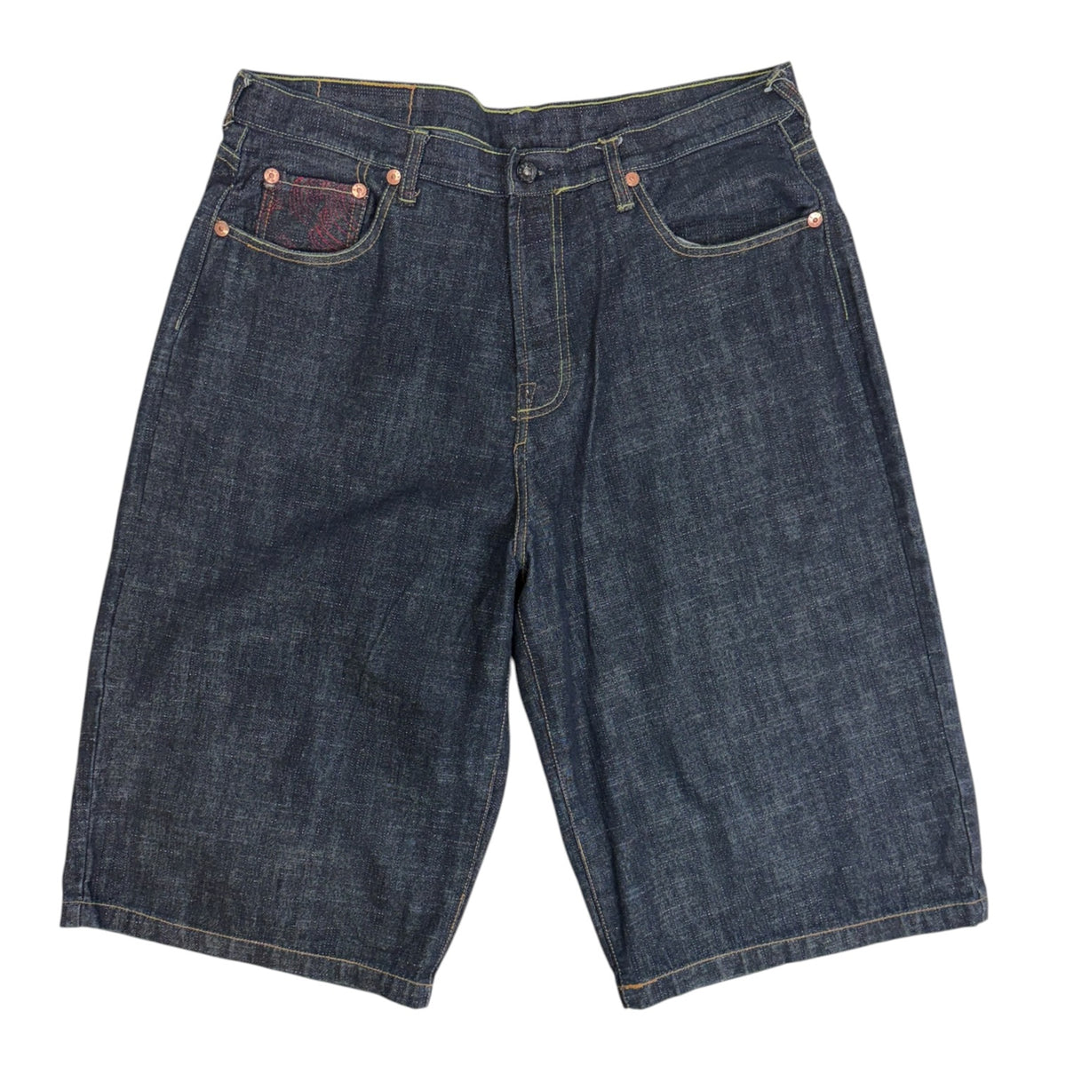Red Monkey Company Embroided Geisha Baggy Denim Shorts Dark Wash
