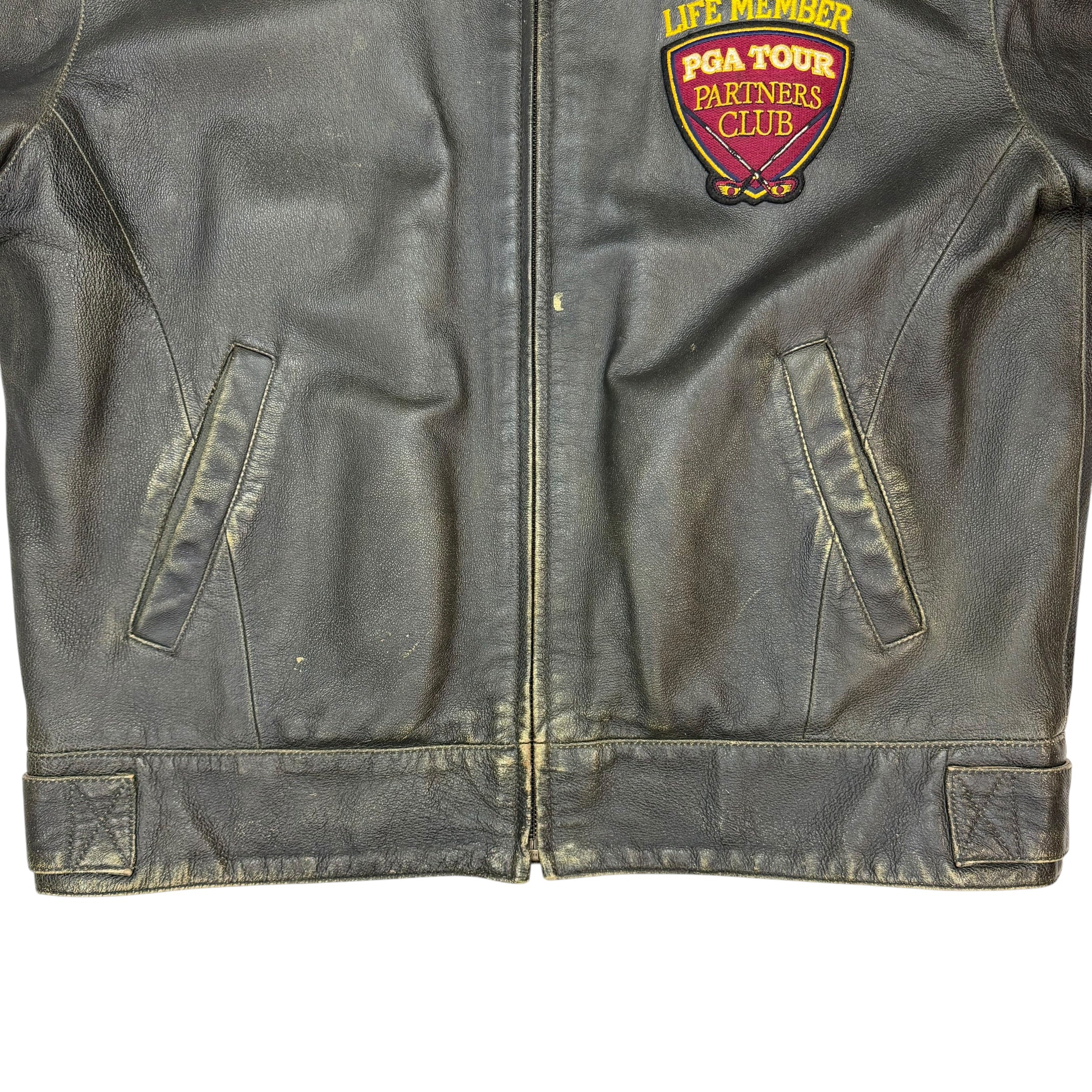 Vintage PGA Tour Partners Club Chenille Leather Jacket Black
