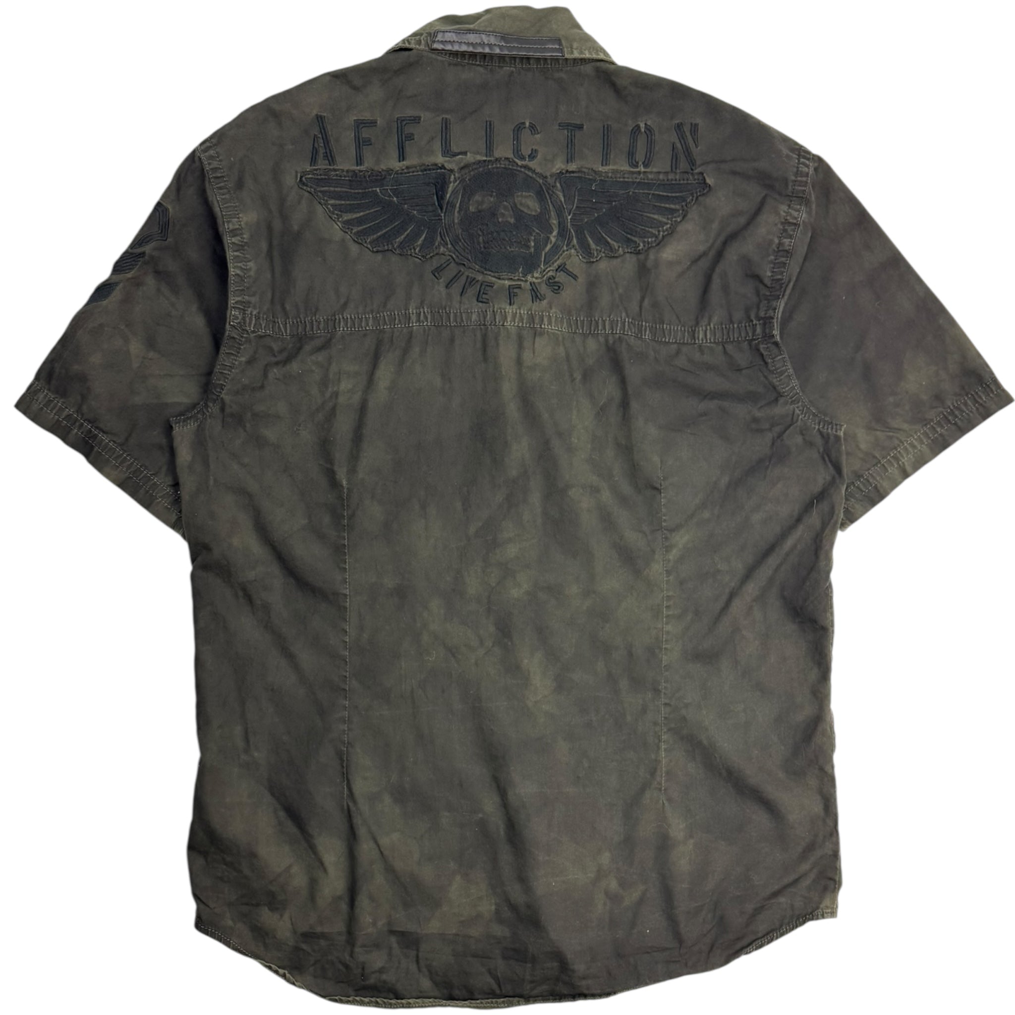 Y2K Affliction Tactical Pocket Button Up Militant Green