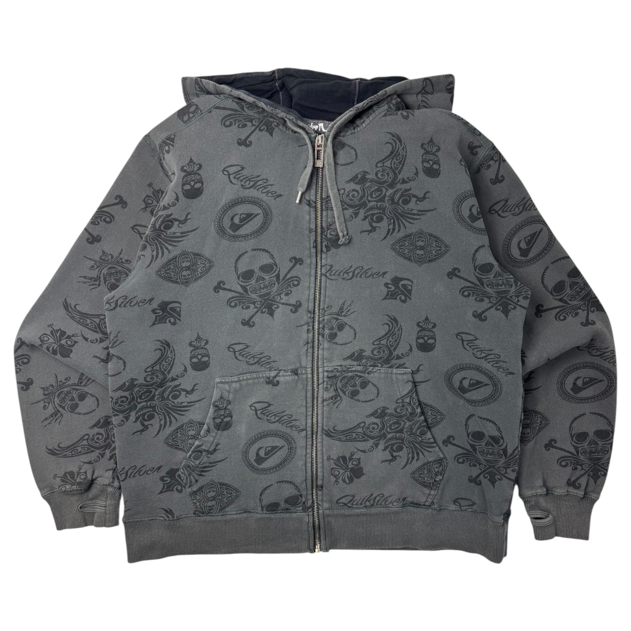 Vintage Y2K Quiksilver Tribal Surf Zip Up Hoodie Grey