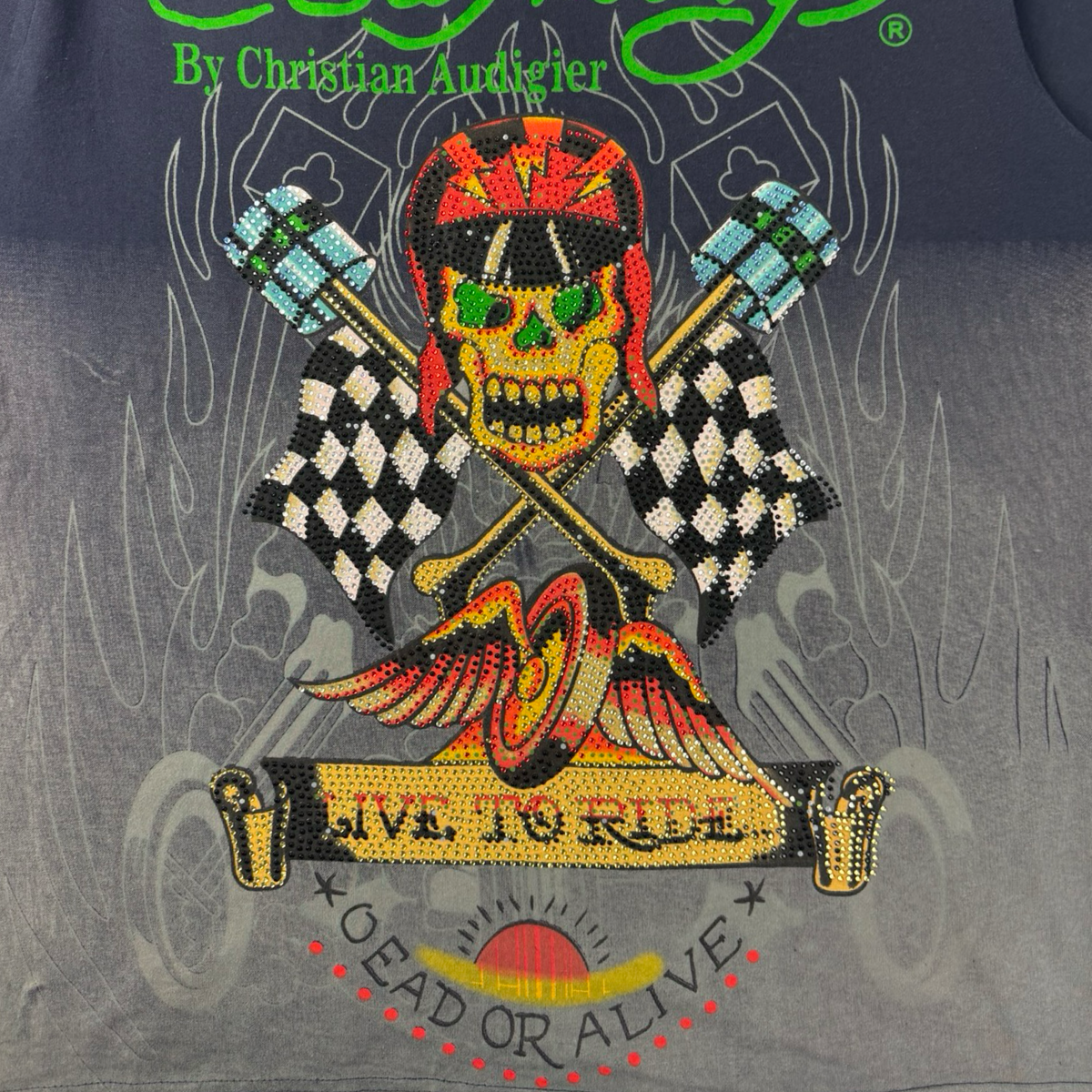 Vintage Y2K Ed Hardy Live to Ride Dead or Alive Rhinestone T-Shirt