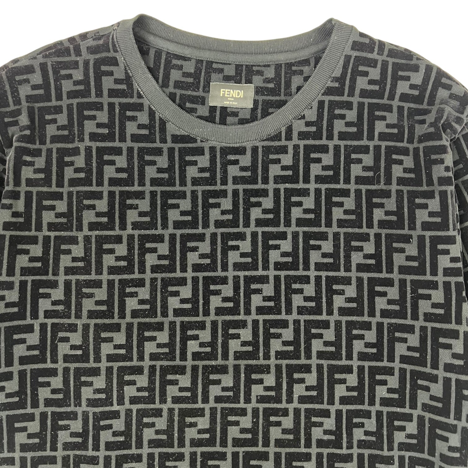 Fendi Short-Sleeve Crewneck T-Shirt Flocked FF Monogram Pattern Black