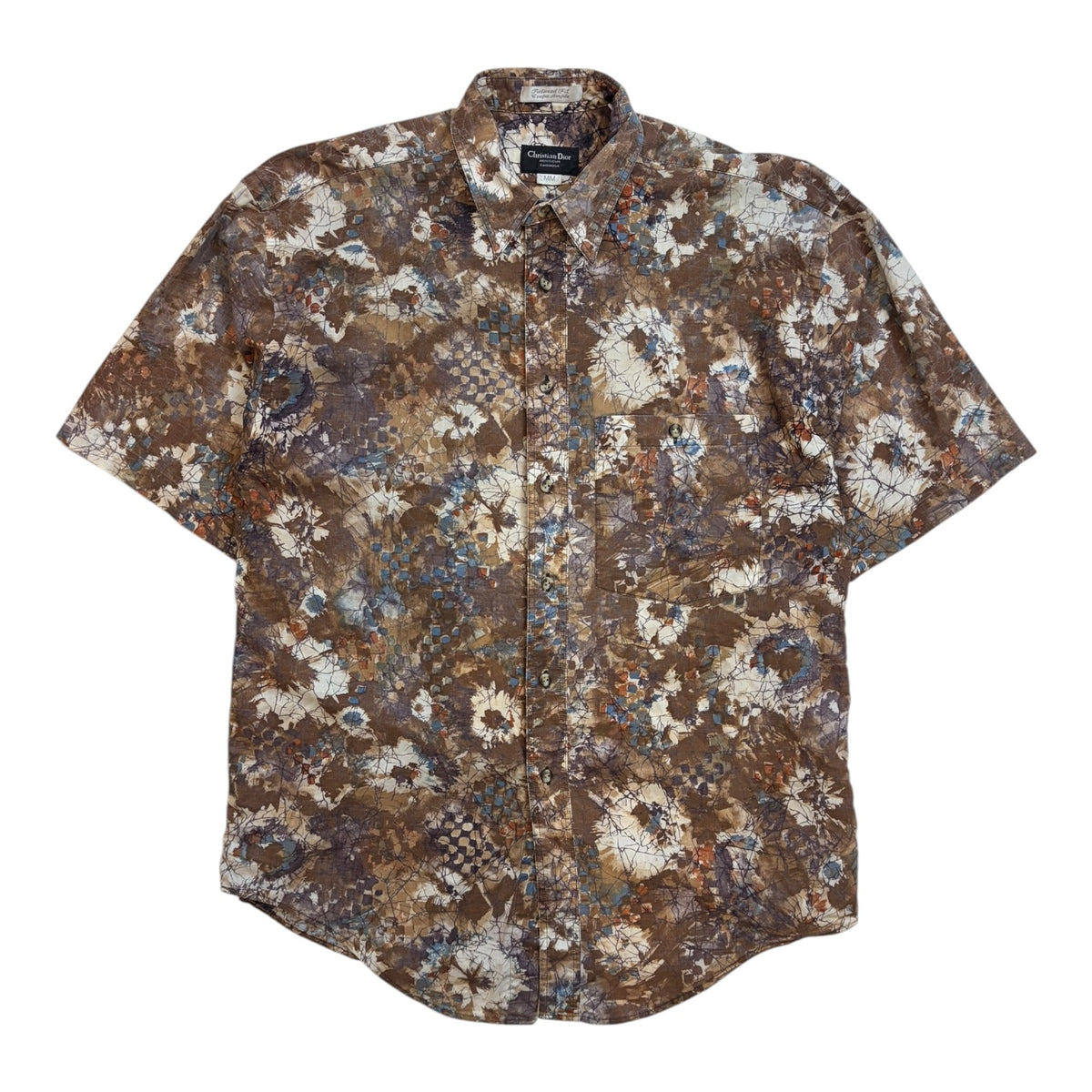 Vintage Christian Dior Floral Short Sleeve Button-Up Shirt Brown