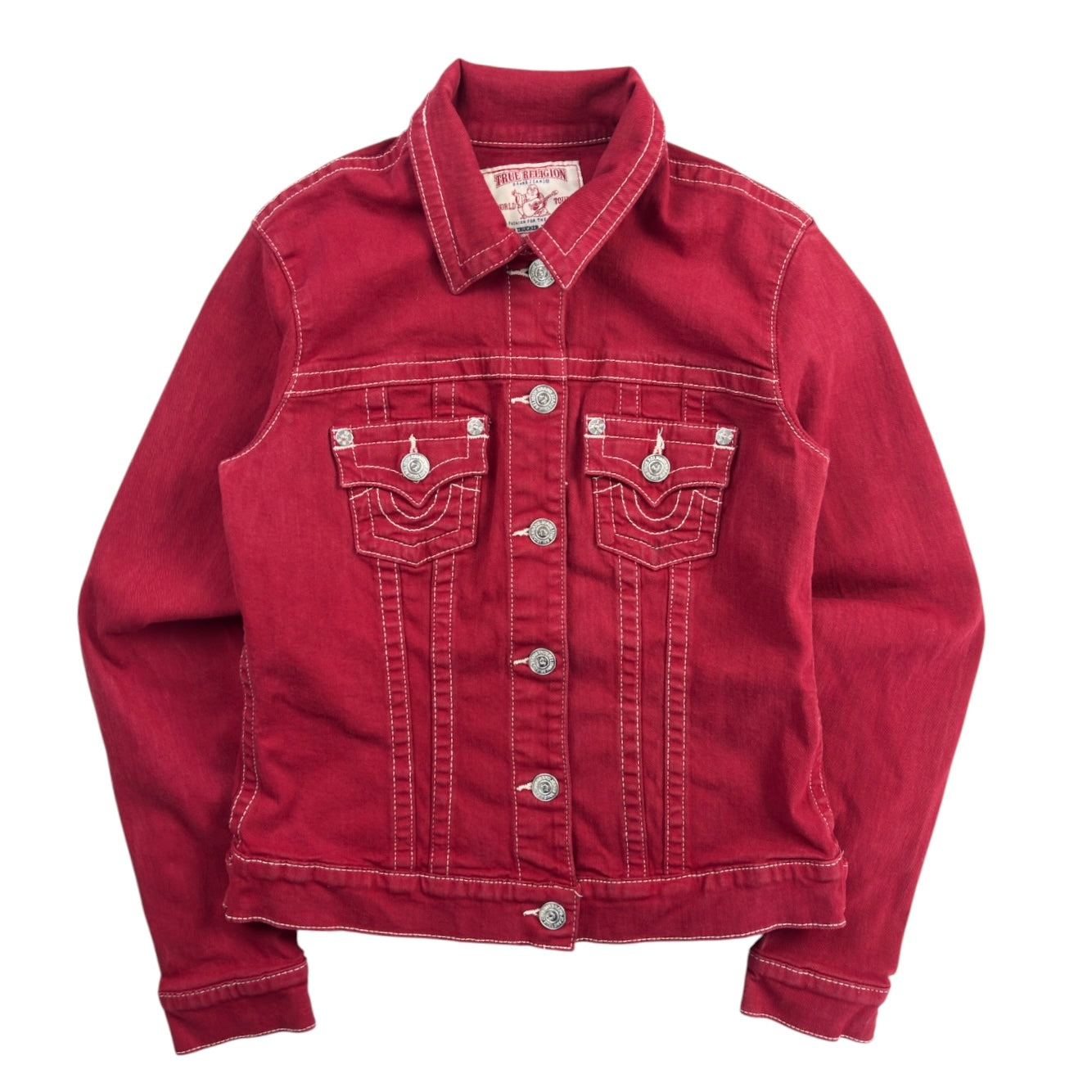 (W) True Religion Contrast Stitch Denim Jacket Red