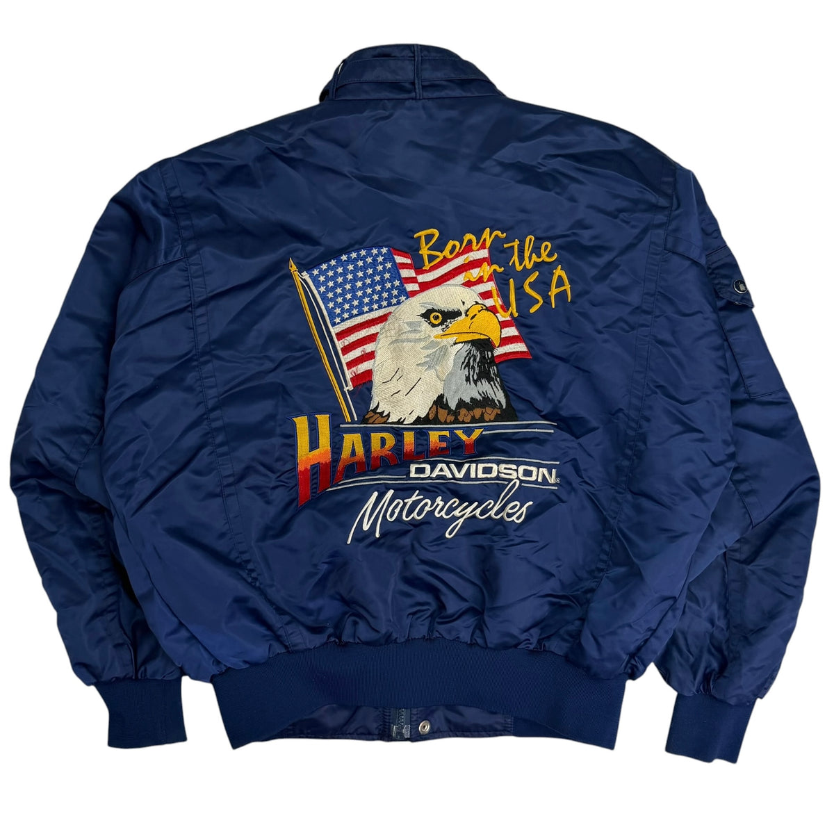 Vintage 80s Harley Davidson Born In The USA Eagle Embroidered Satin Jacket Navy