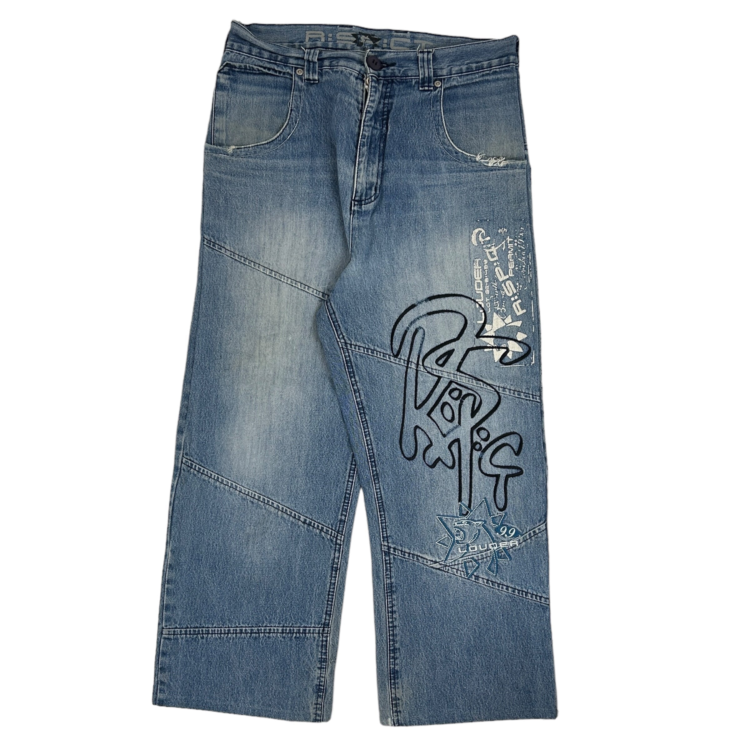 Y2K Hip Hop Rispict Embroidered Denim Jeans Washed Blue