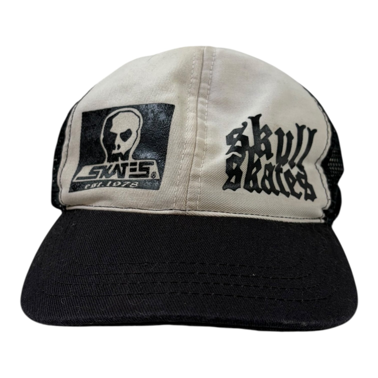 Vintage Skull Skates Foam Mesh Trucker Hat White