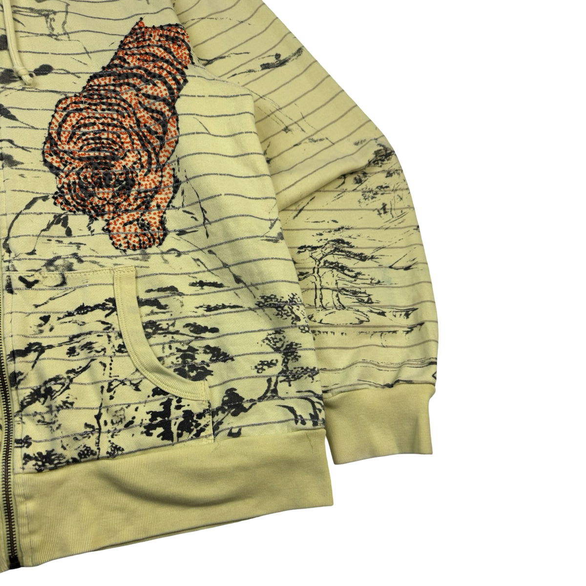 Vintage Y2K Bedazzled Tiger Striped Zip Up Hoodie Soft Yellow