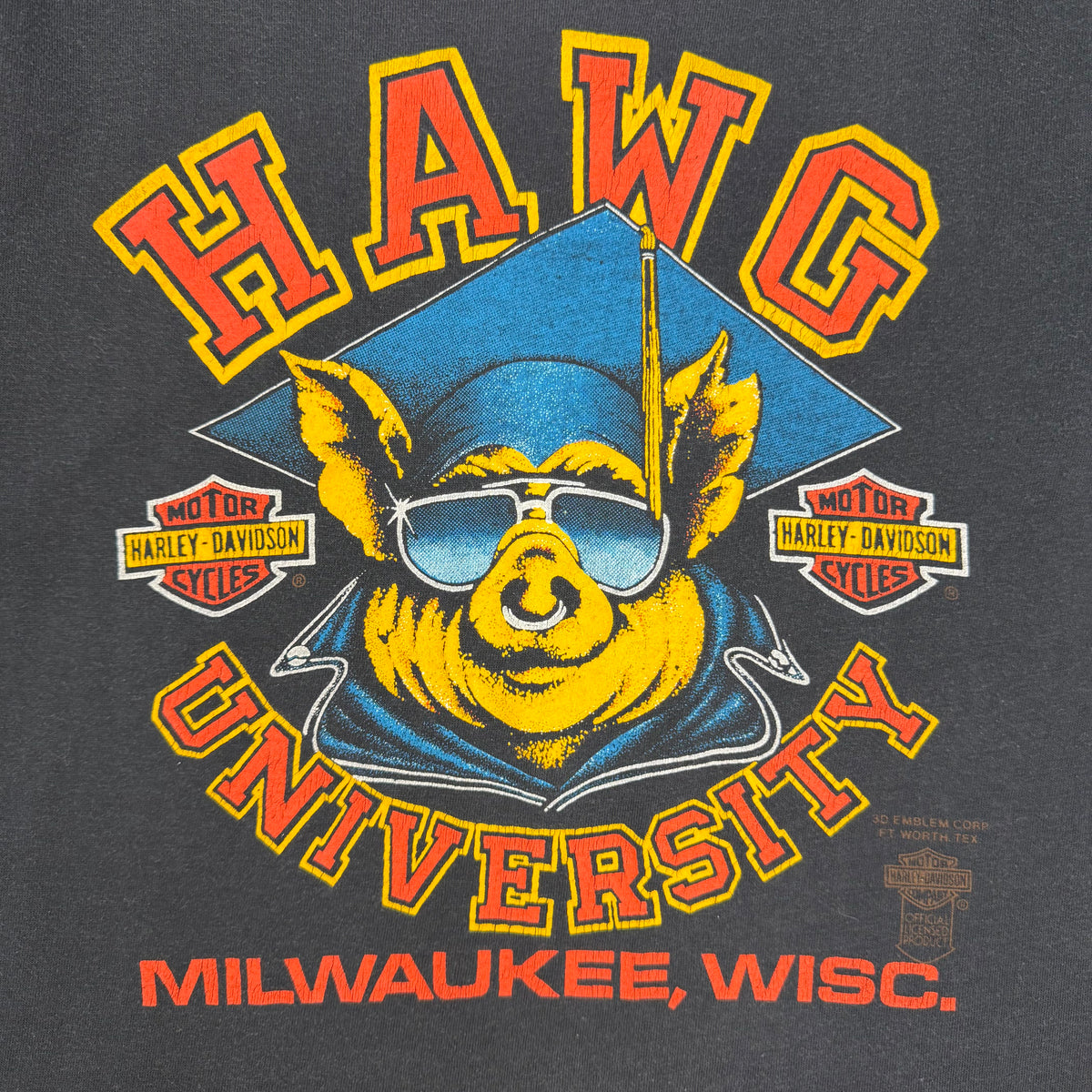 Vintage 80s 3D Emblem Harley Davidson Hawg University Tee Black