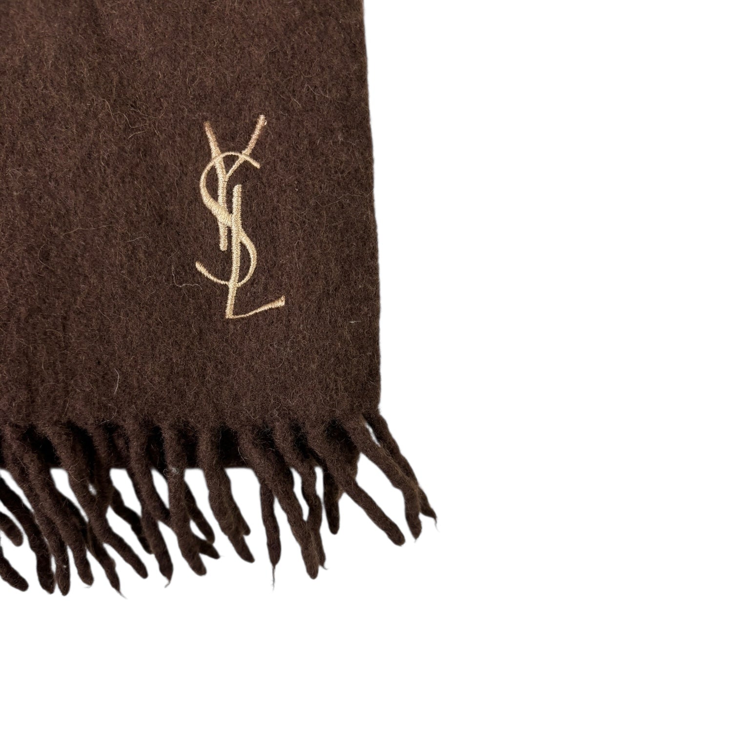 YSL Embroidered Wool Scarf Brown