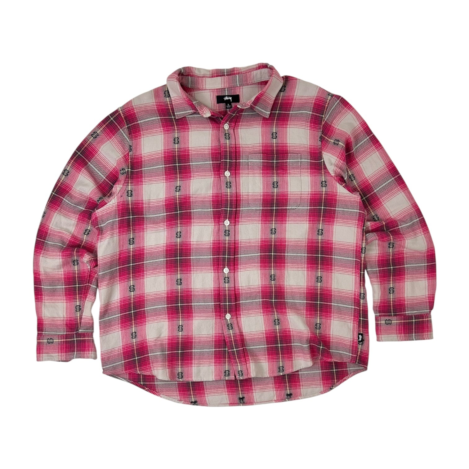 Stussy Motif Plaid Long Sleeve Button Up Flannel Shirt Pink/White
