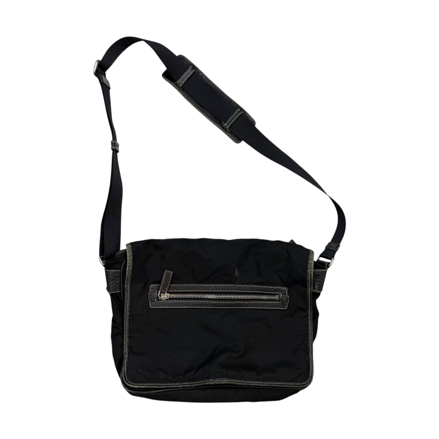 Prada Enameled Metal Trinagle Logo Nylon Messenger Bag Black