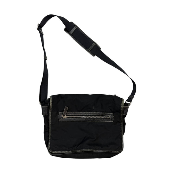 Prada Enameled Metal Trinagle Logo Nylon Messenger Bag Black