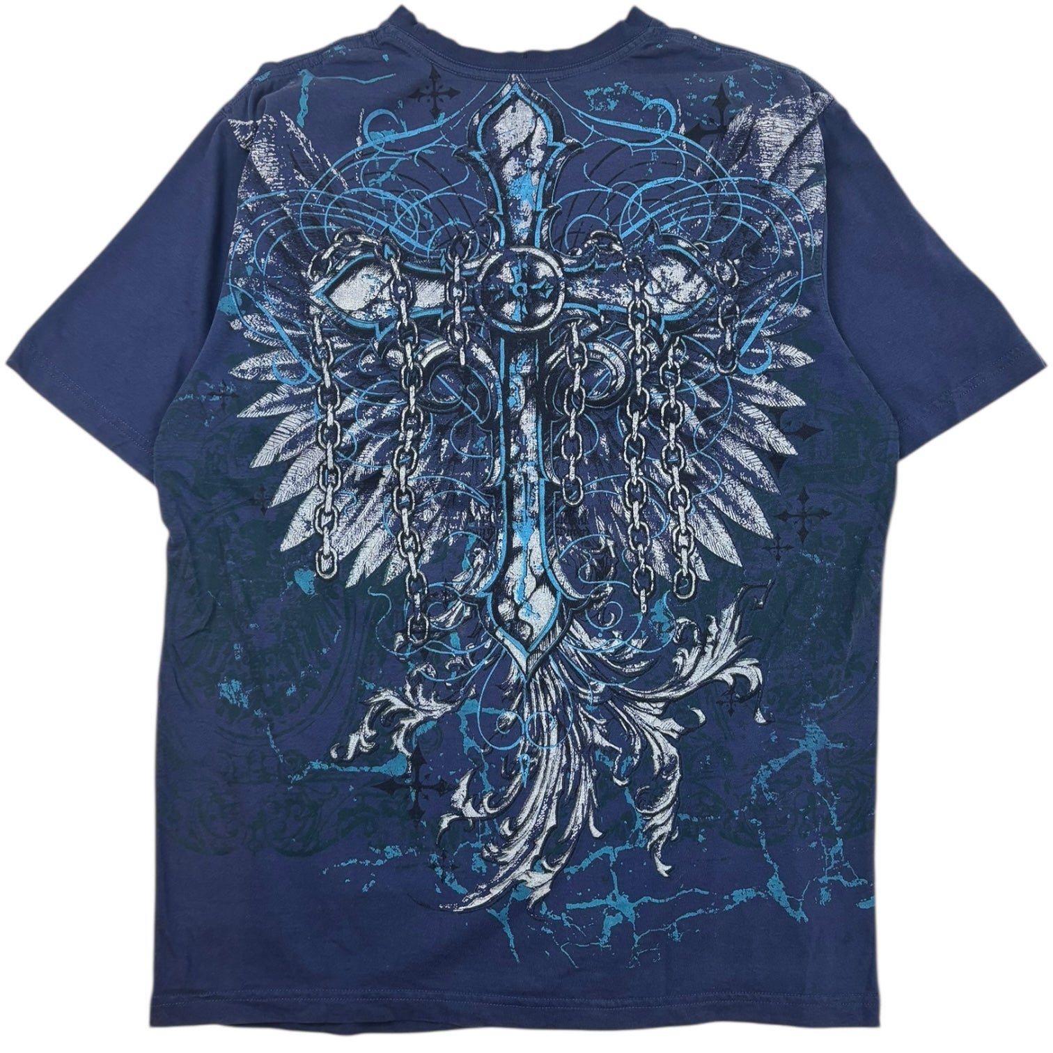 Vintage Y2K MMA Elite Winged Cross T-Shirt Blue