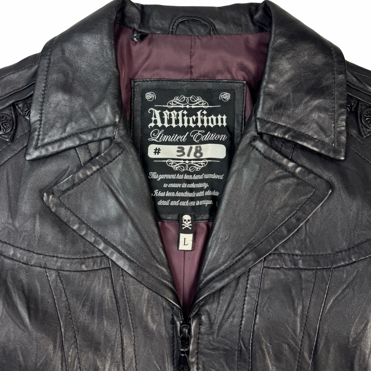 (W) Vintage 2009 Affliction Serialized Gothic Black Leather Jacket