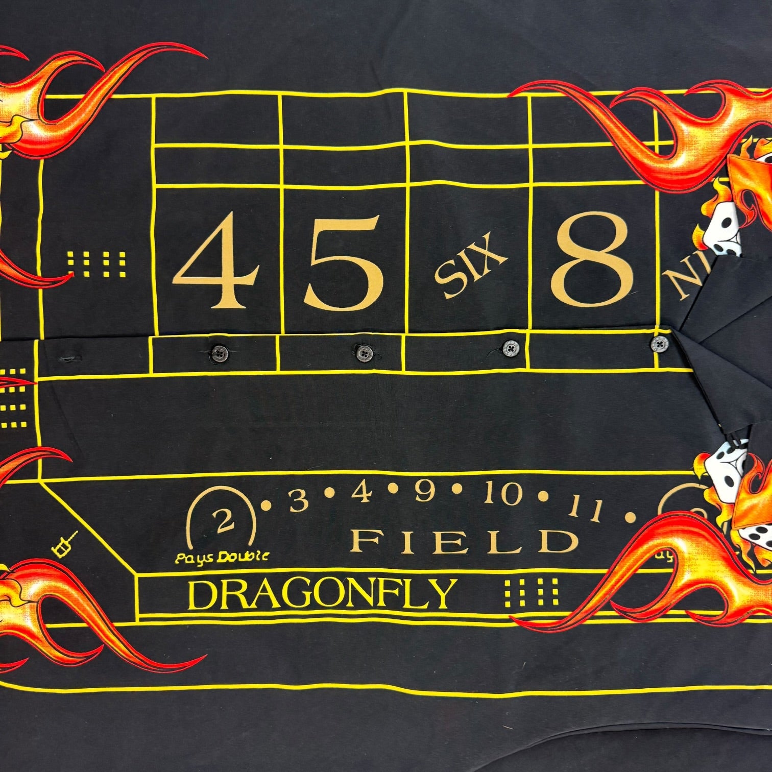 Vintage Dragonfly Roadhouse Flaming Craps Table Button Up Black