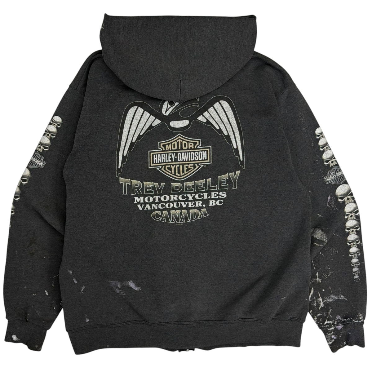 2003 Harley Davidson Paint Splatter Skull Vancouver Zip Up Faded Grey