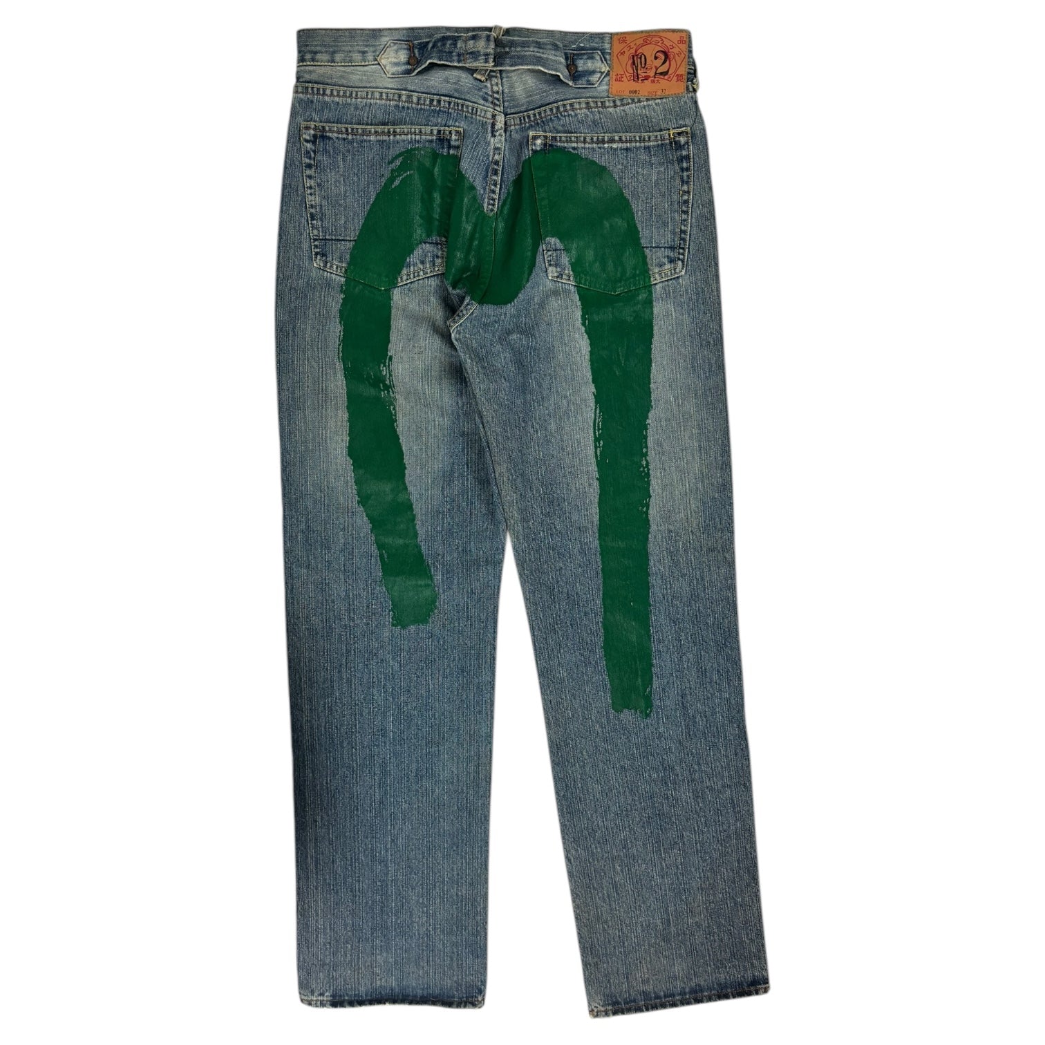 Vintage Y2K Evisu Green Painted Diacock Buckle-Back Denim Pant Medium Wash