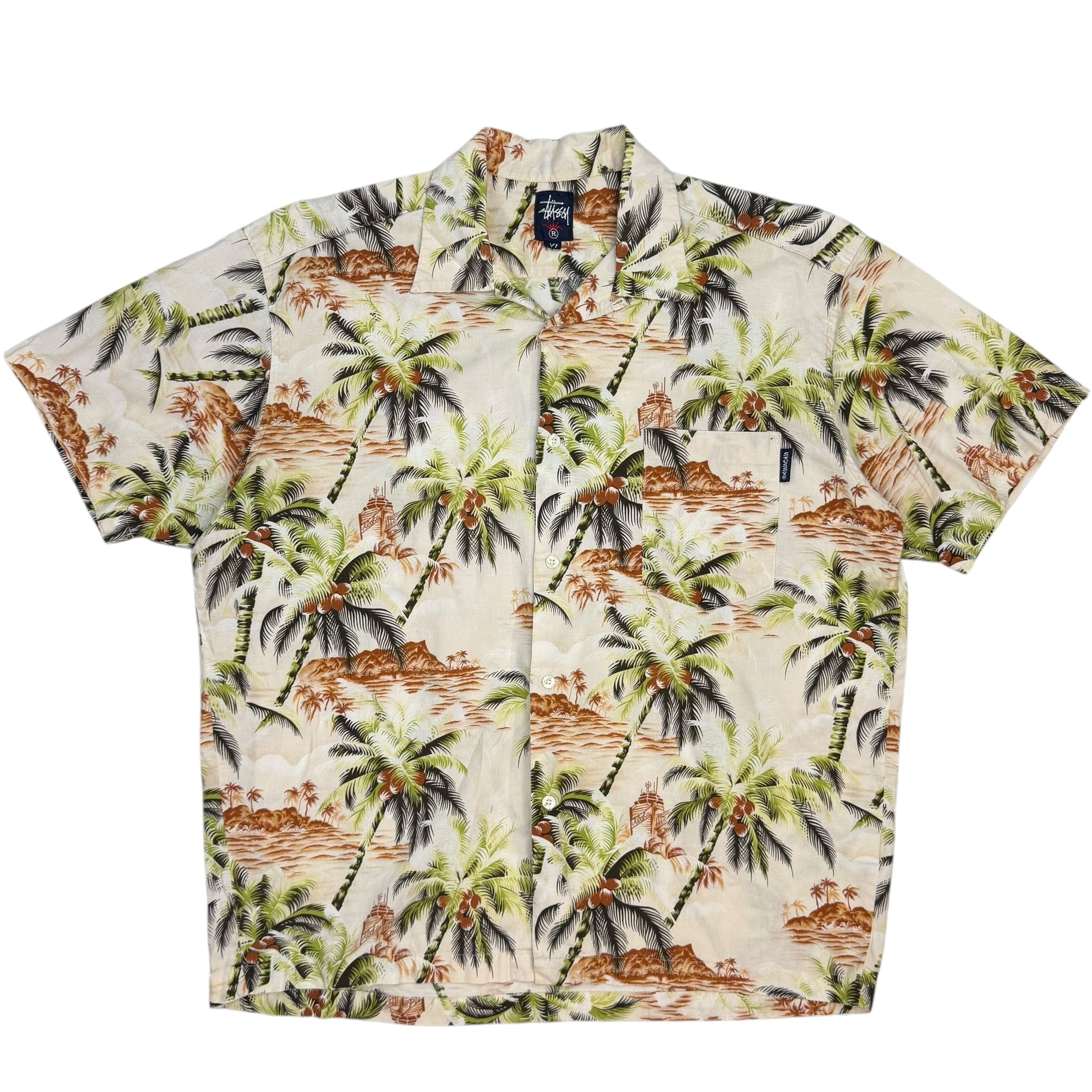 Vintage Stussy Tropical Print Button Up Tan