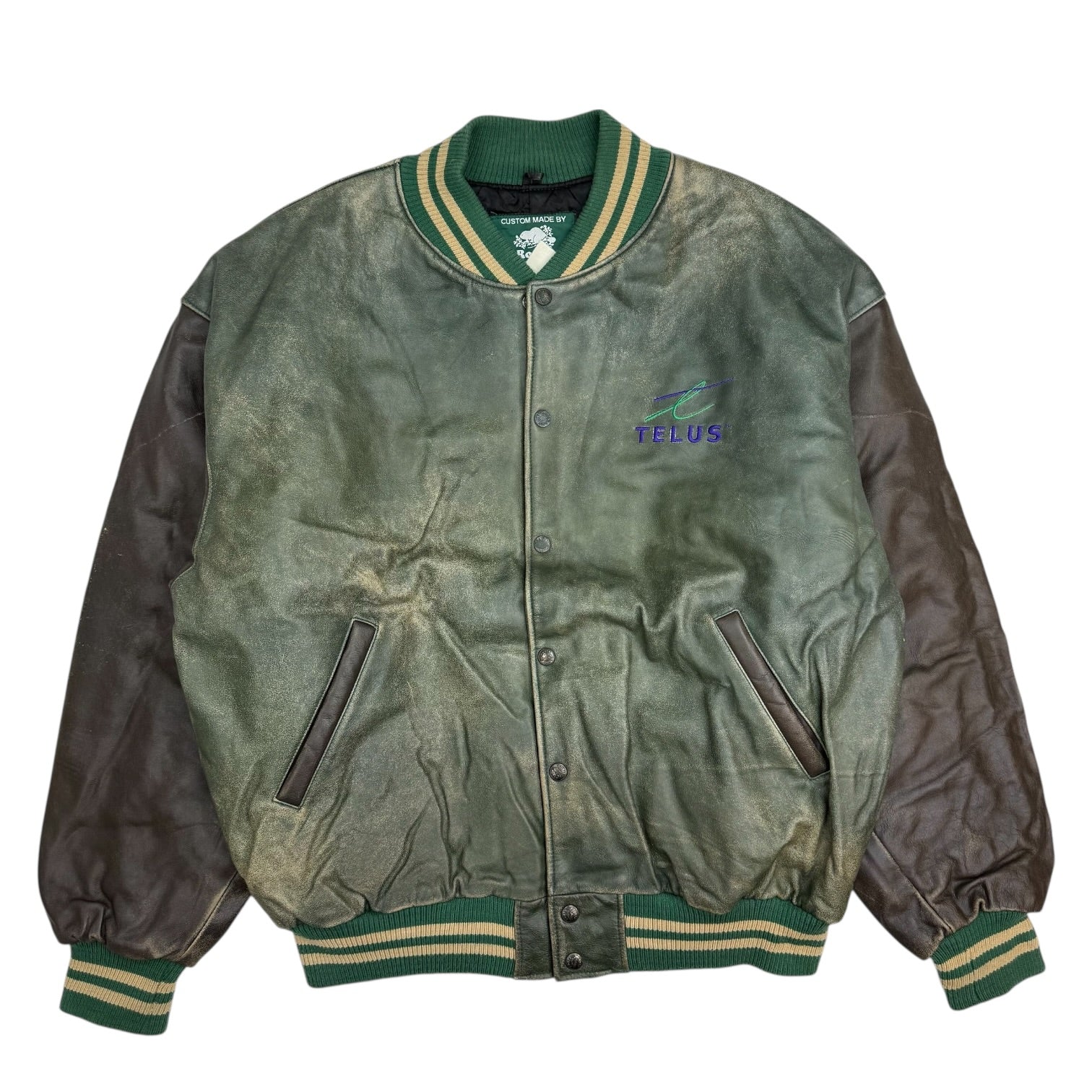 Vintage Roots Canada Telus Leather Bomber Jacket Green/Brown