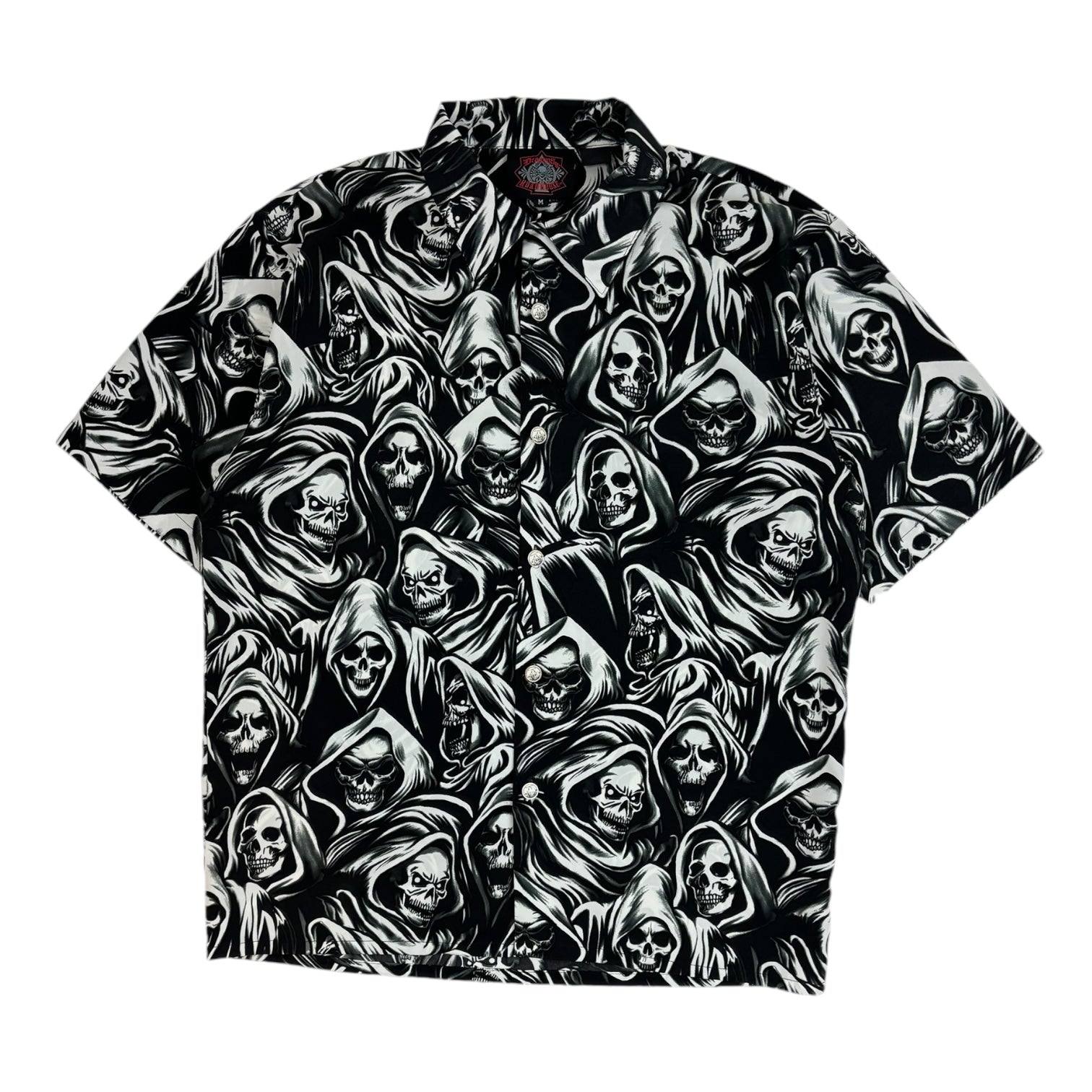 Vintage Y2K Dragonfly Roadhouse Skull AOP Button Up T-Shirt