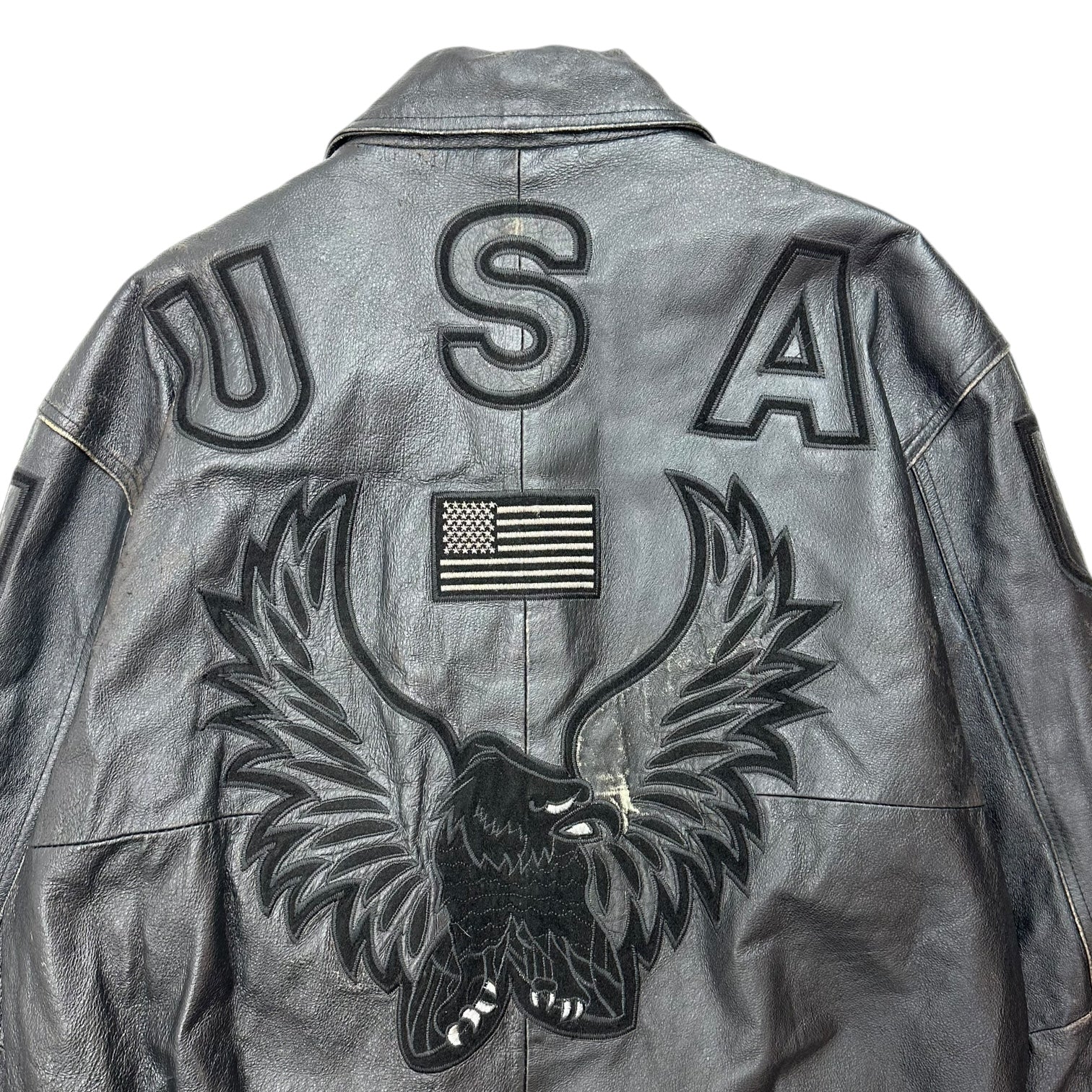 Vintage U.S.A Eagle Flag Leather Bomber Jacket Black