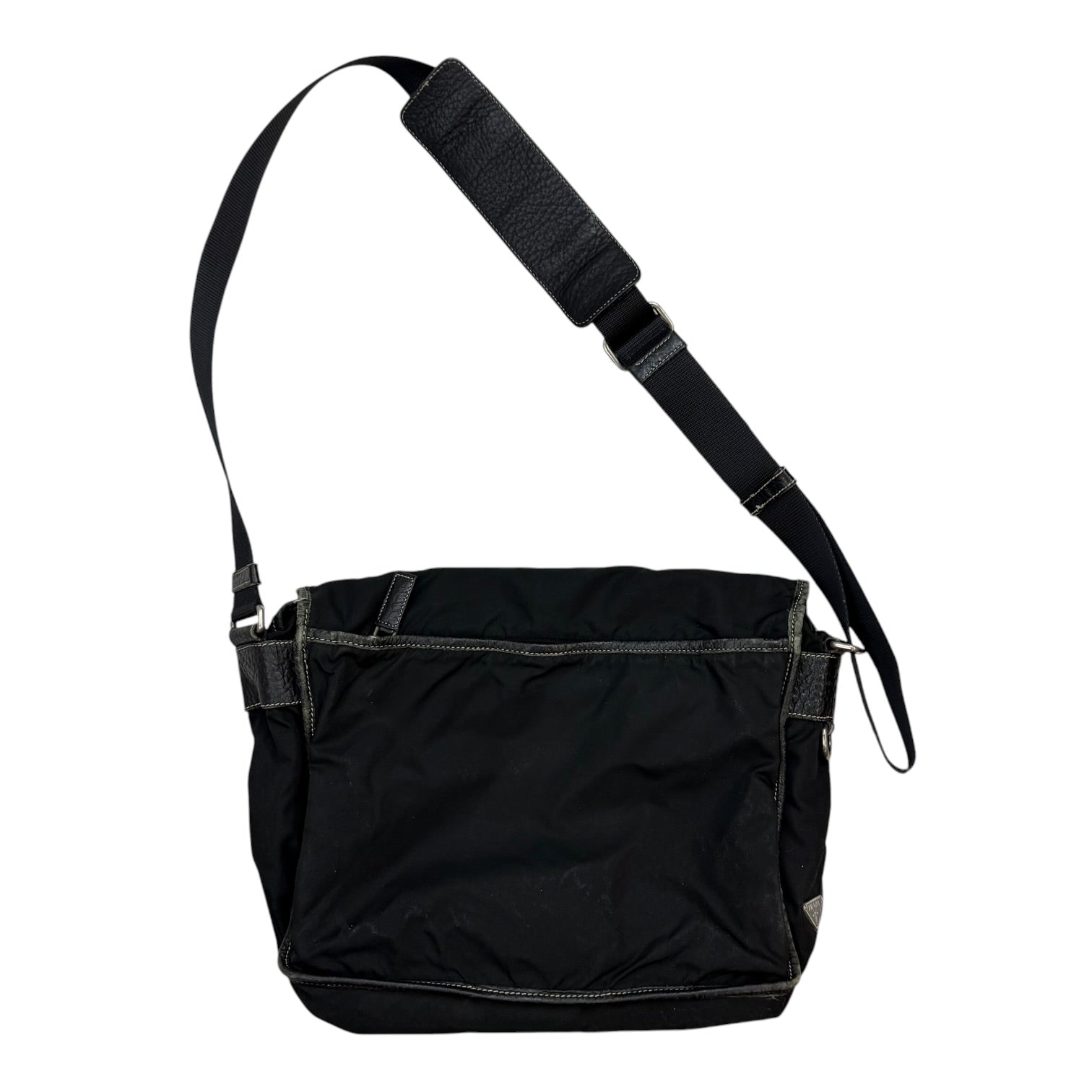 Prada Enameled Metal Trinagle Logo Nylon Messenger Bag Black
