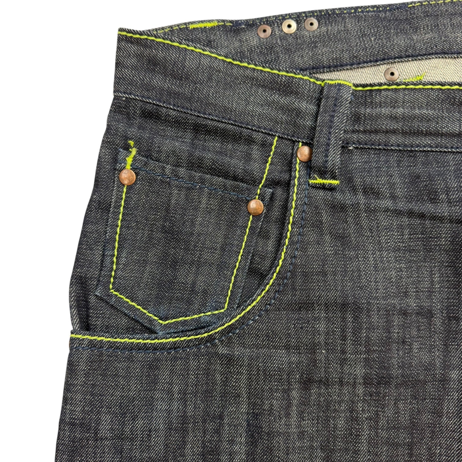 Vintage Y2K Live Machine Green Stitch Denim Pants Dark Wash