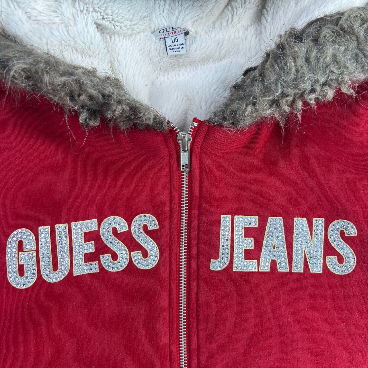 (W) Guess Faux Fur Trimmed Zip Up Hoodie Red