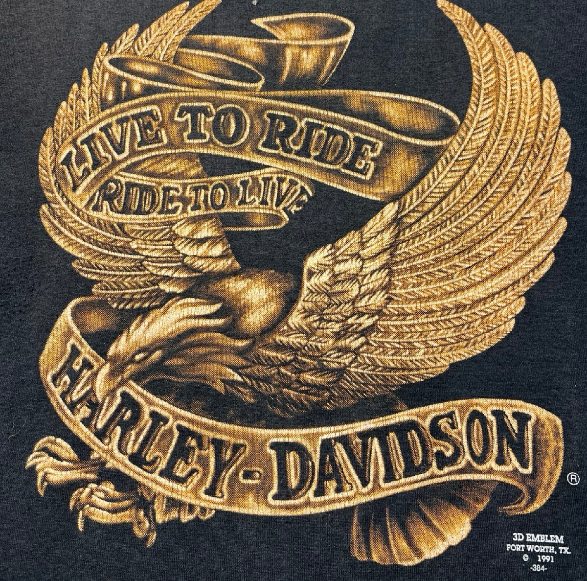 Vintage 1991 Harley Davidson 3D Emblem Live To Ride Tee Black