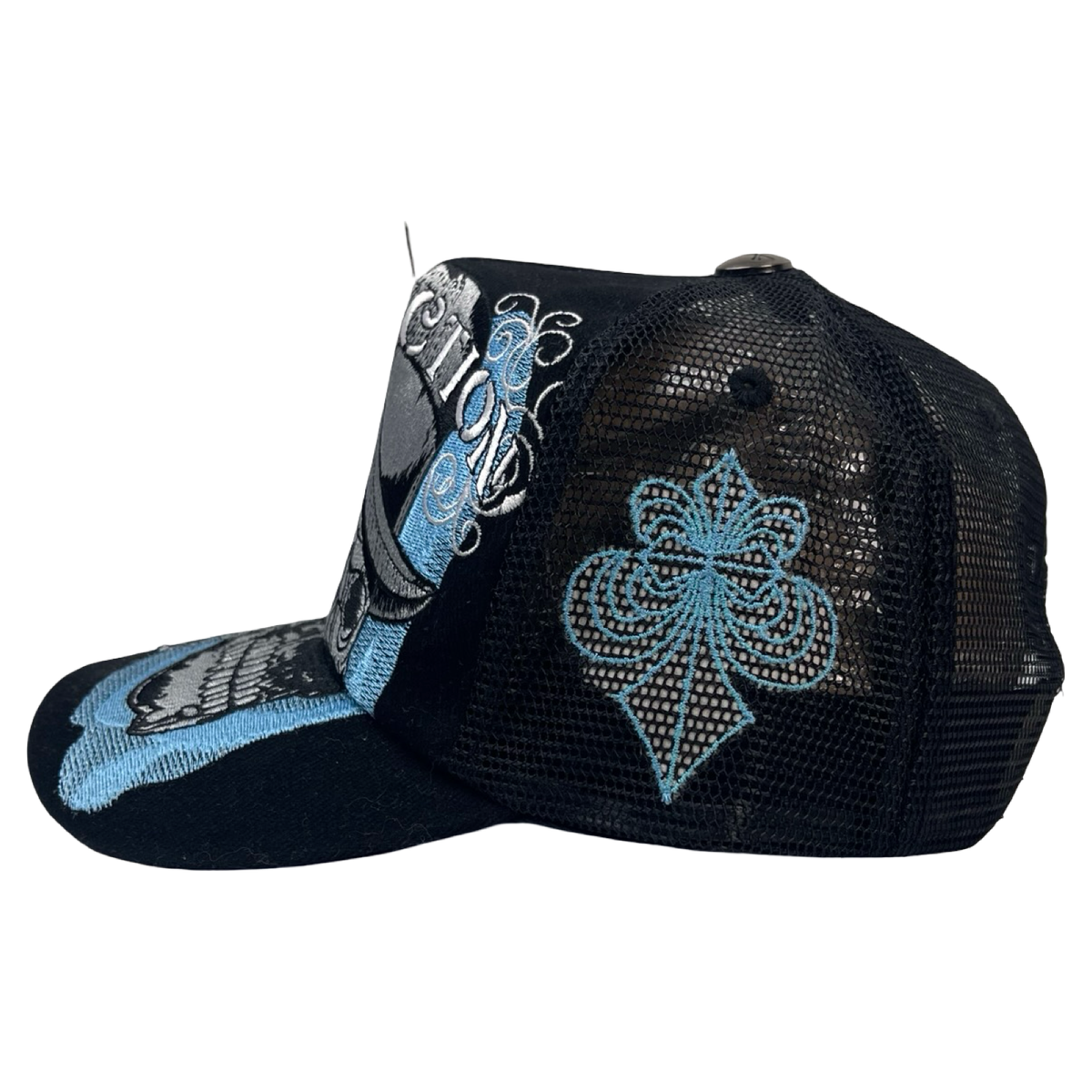 Vintage Y2K Affliction Embroidered Skull Trucker Hat Black