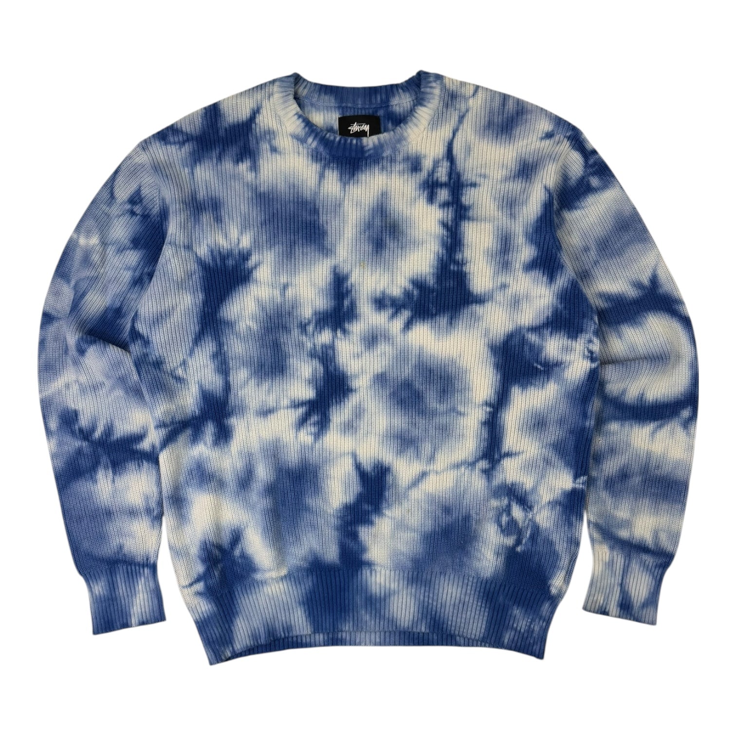 Stussy Tie Dye Crewneck Ribbed Knit Sweater White/Blue