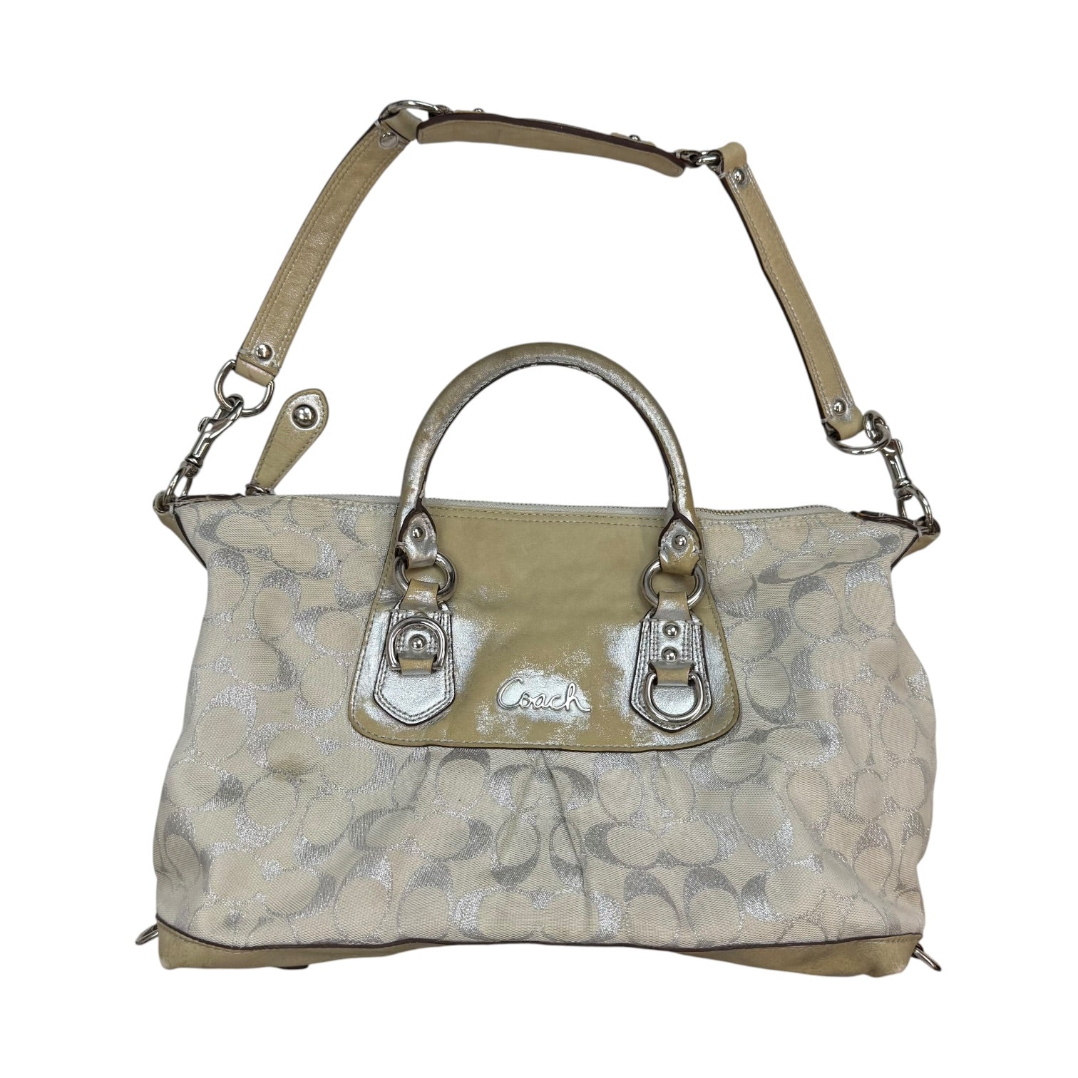 (W) Coach Ashley Signature Satchel Silver/Beige