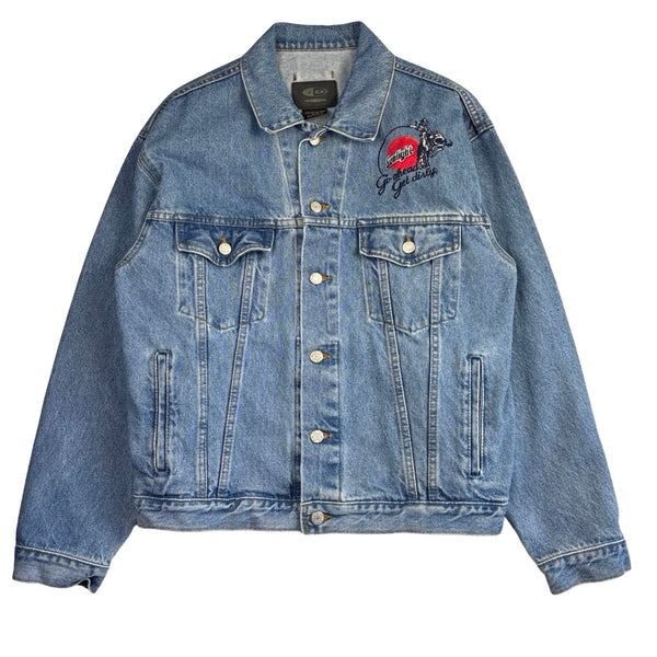 Vintage ID Embroidered “Go Ahead Get Dirty” Denim Trucker Jacket Light Wash