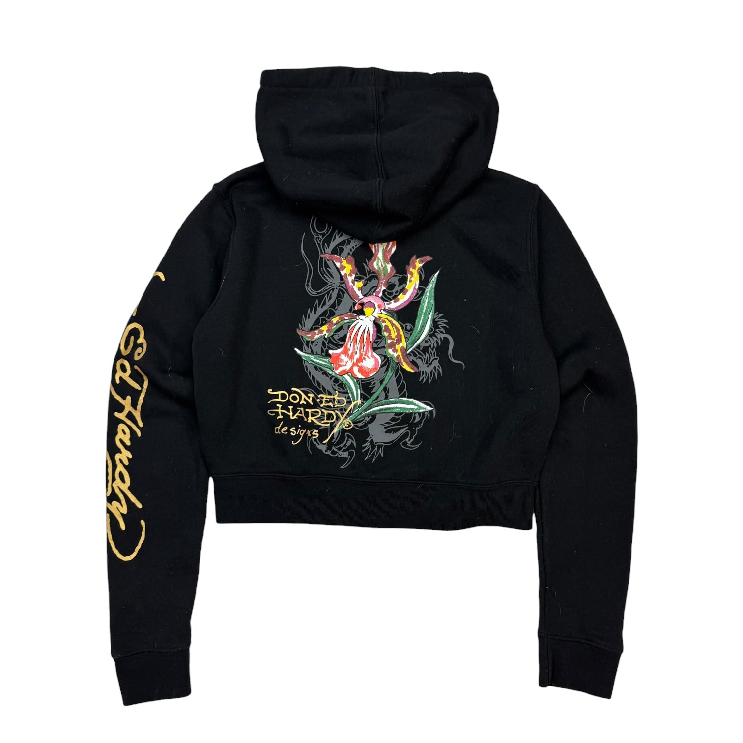 (W) Vintage Ed Hardy By Christian Audigier Tiger Orchid Cropped Zip Up Hoodie Black
