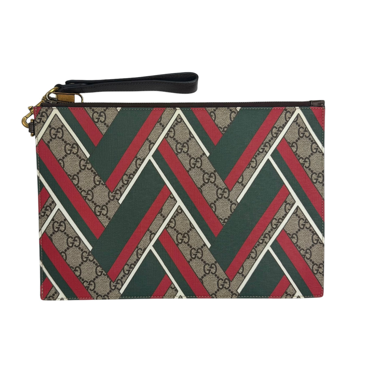 (W) Gucci GG Supreme Chevron Medium Zip Pouch Beige