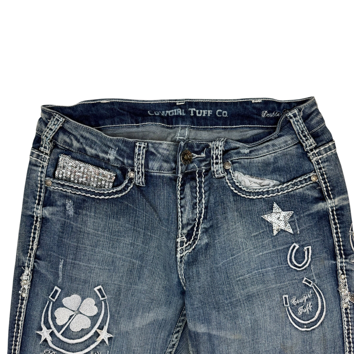 (W) Cowgirl Tuff Embroidered Sequin Double Lucky Jeans Blue