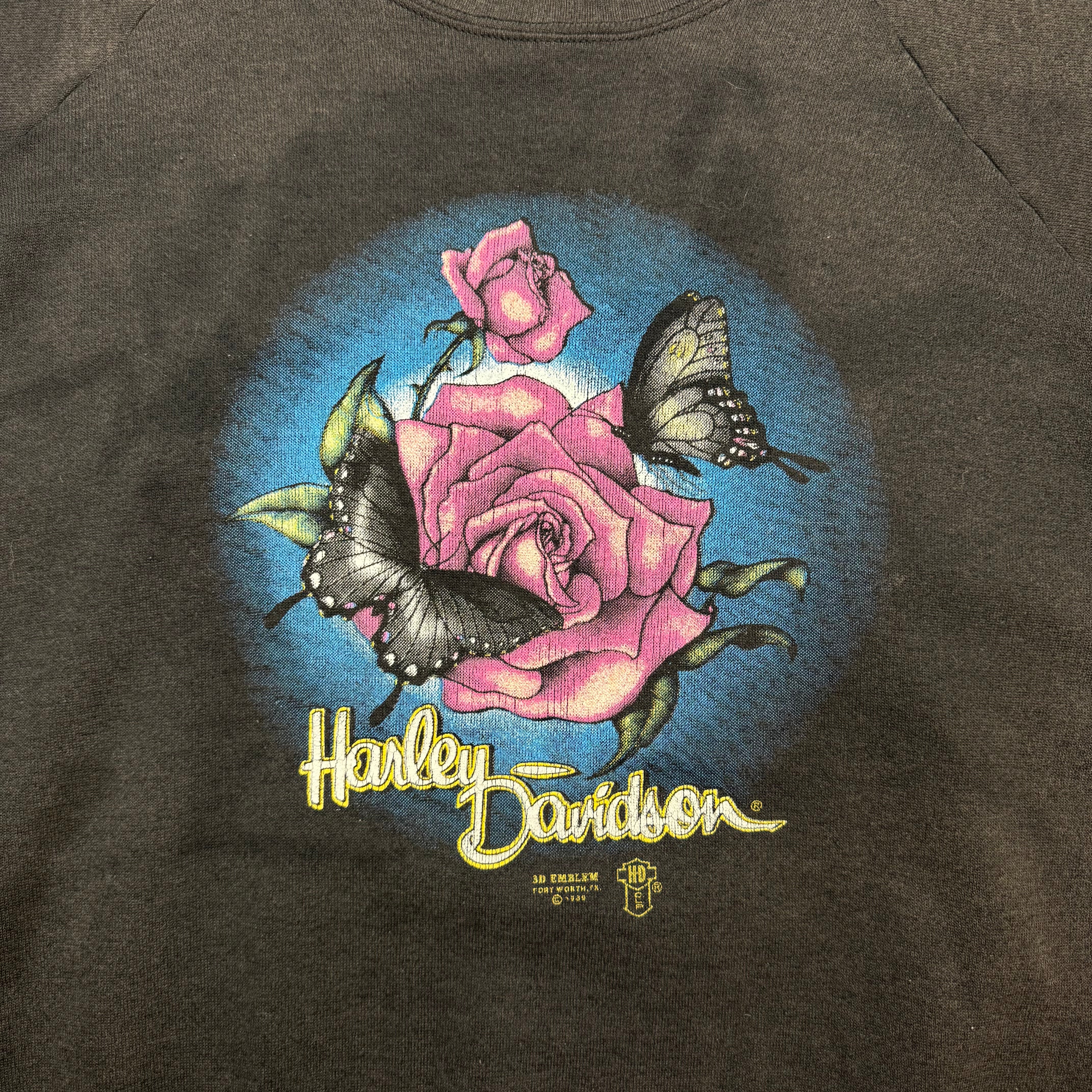 Vintage Harley Davidson 3D Emblem Rose Butterfly Crewneck Faded Black