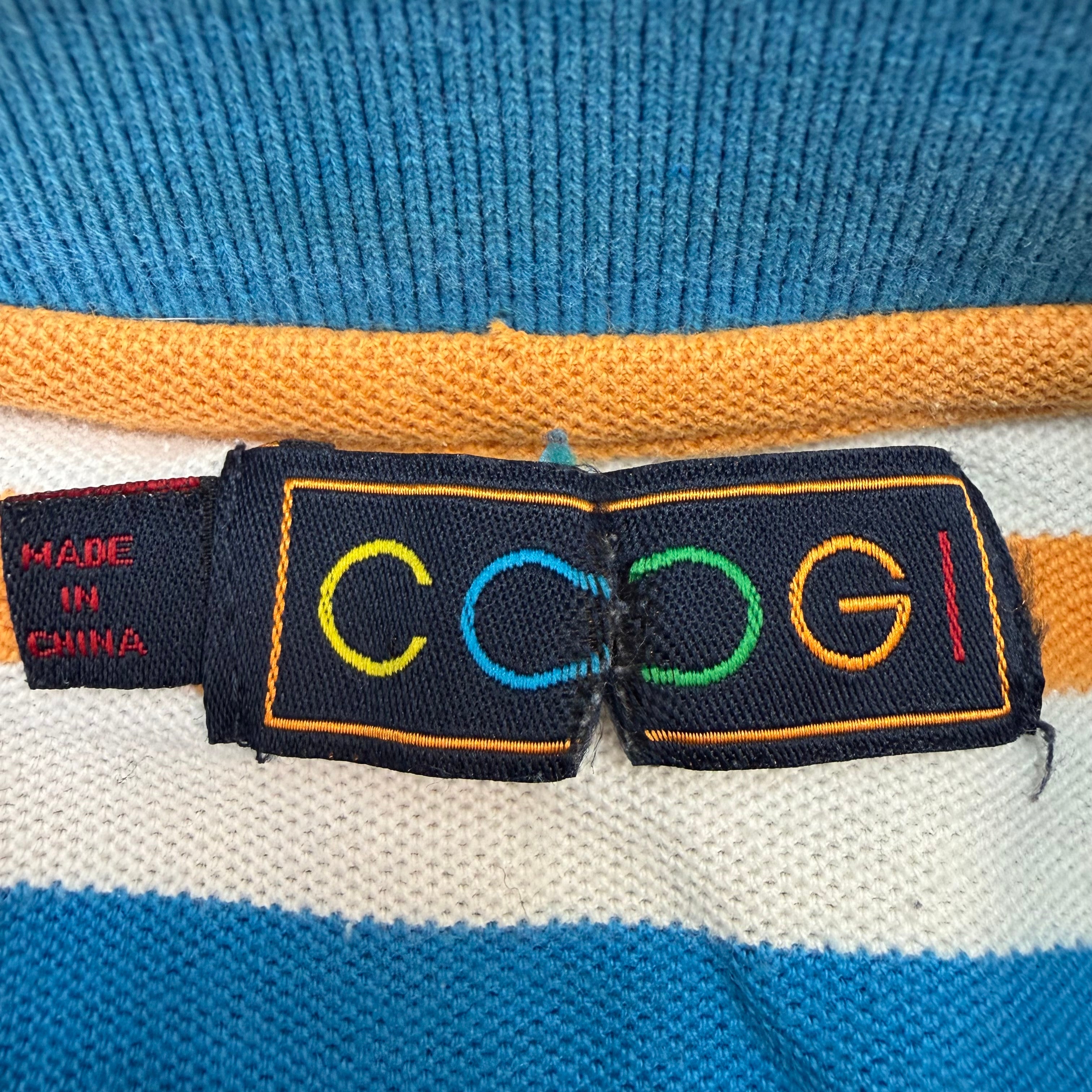 Vintage Coogi Embroidered Jester Striped Button Up Polo Shirt Blue/Yellow