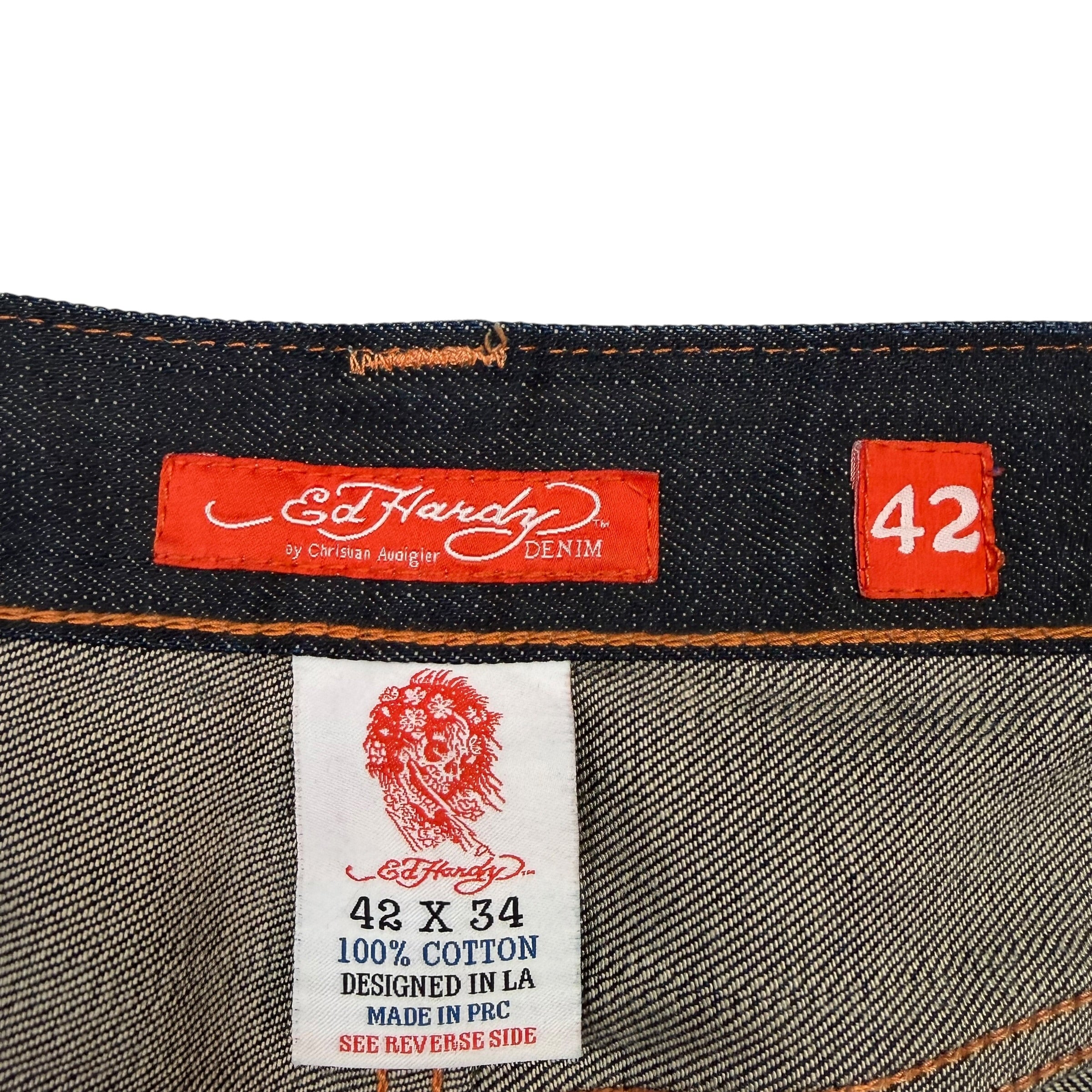 Vintage Ed Hardy Embroidered Raw Denim Jeans Indigo
