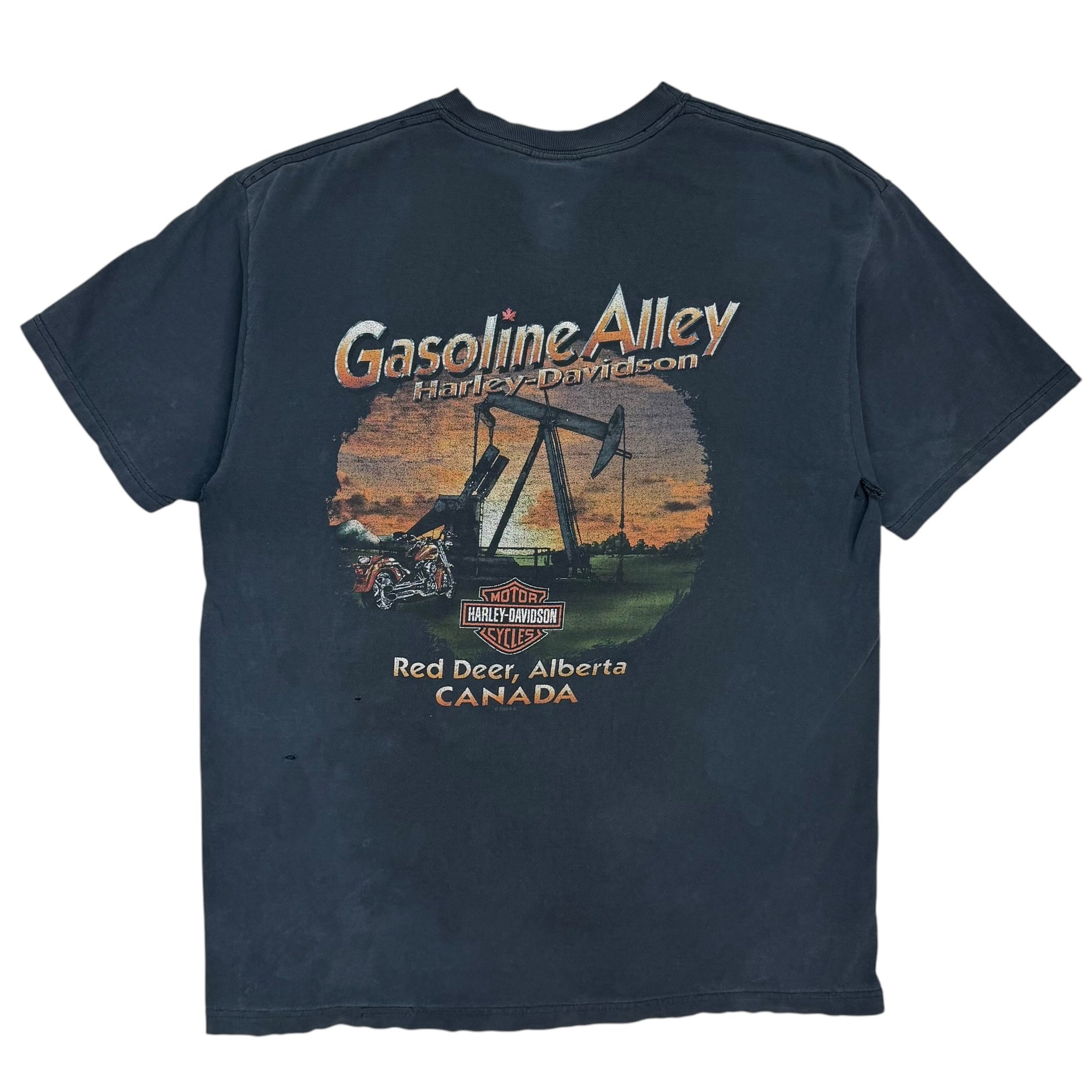 2003 Harley Davidson Gasoline Alley Flaming Skull Pocket Tee Faded Black