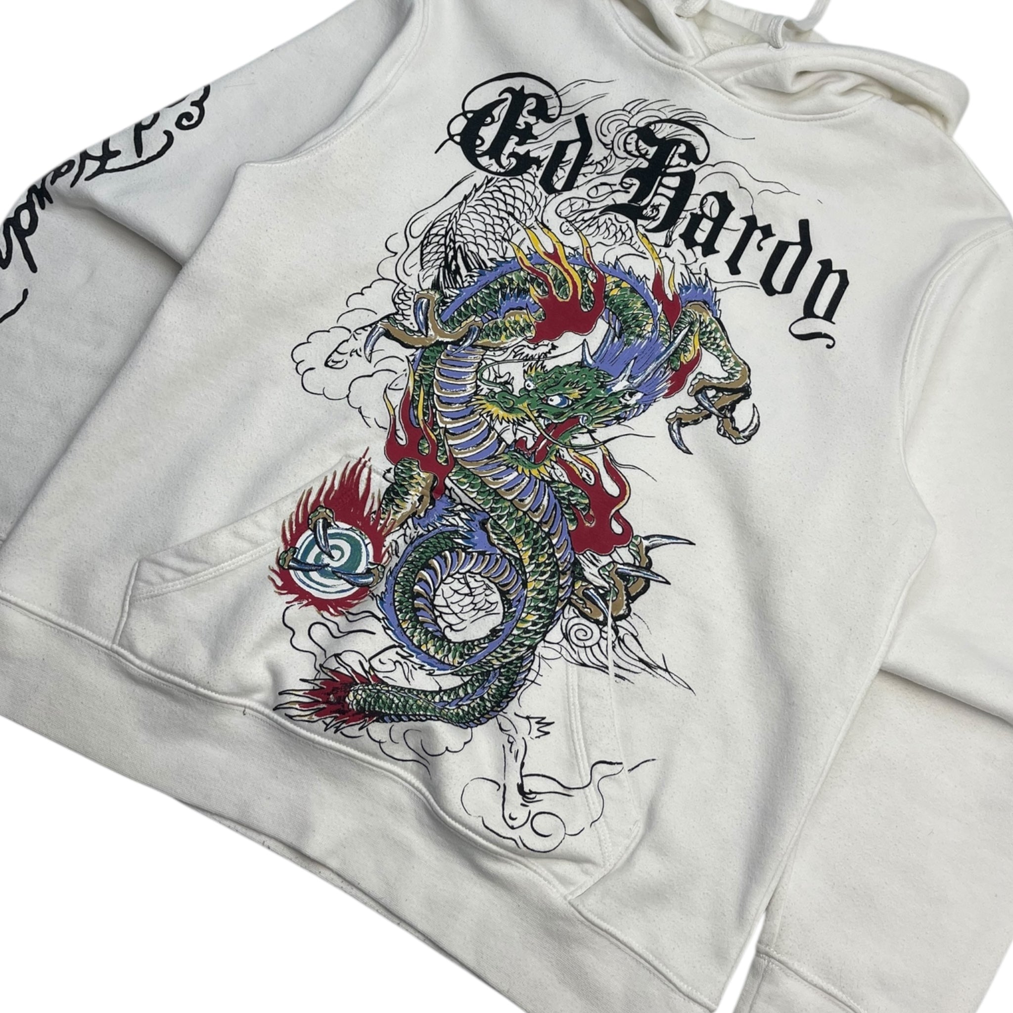Ed Hardy Gothic Font Dragon Hoodie White