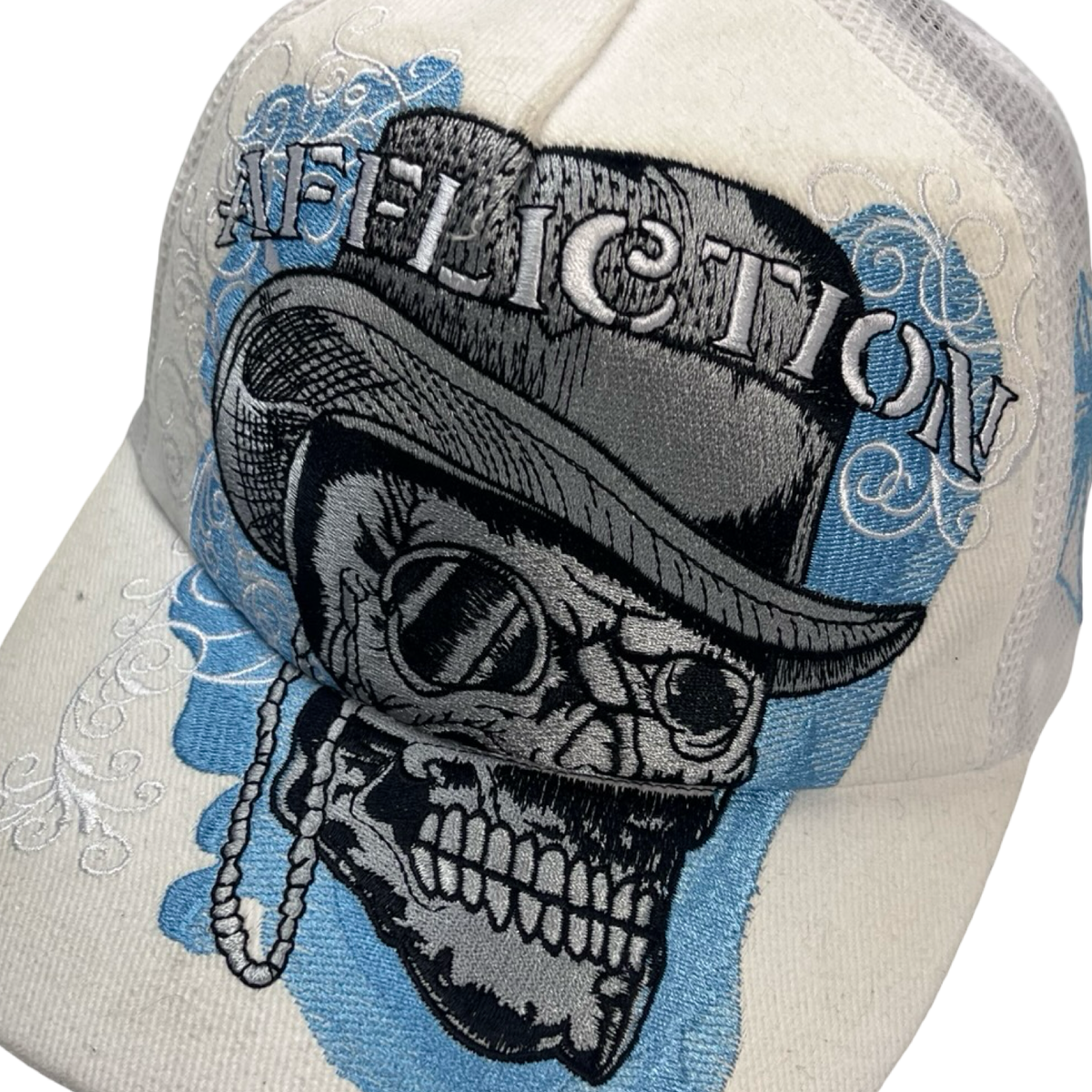Vintage Y2K Affliction Embroidered Skull Trucker Hat White
