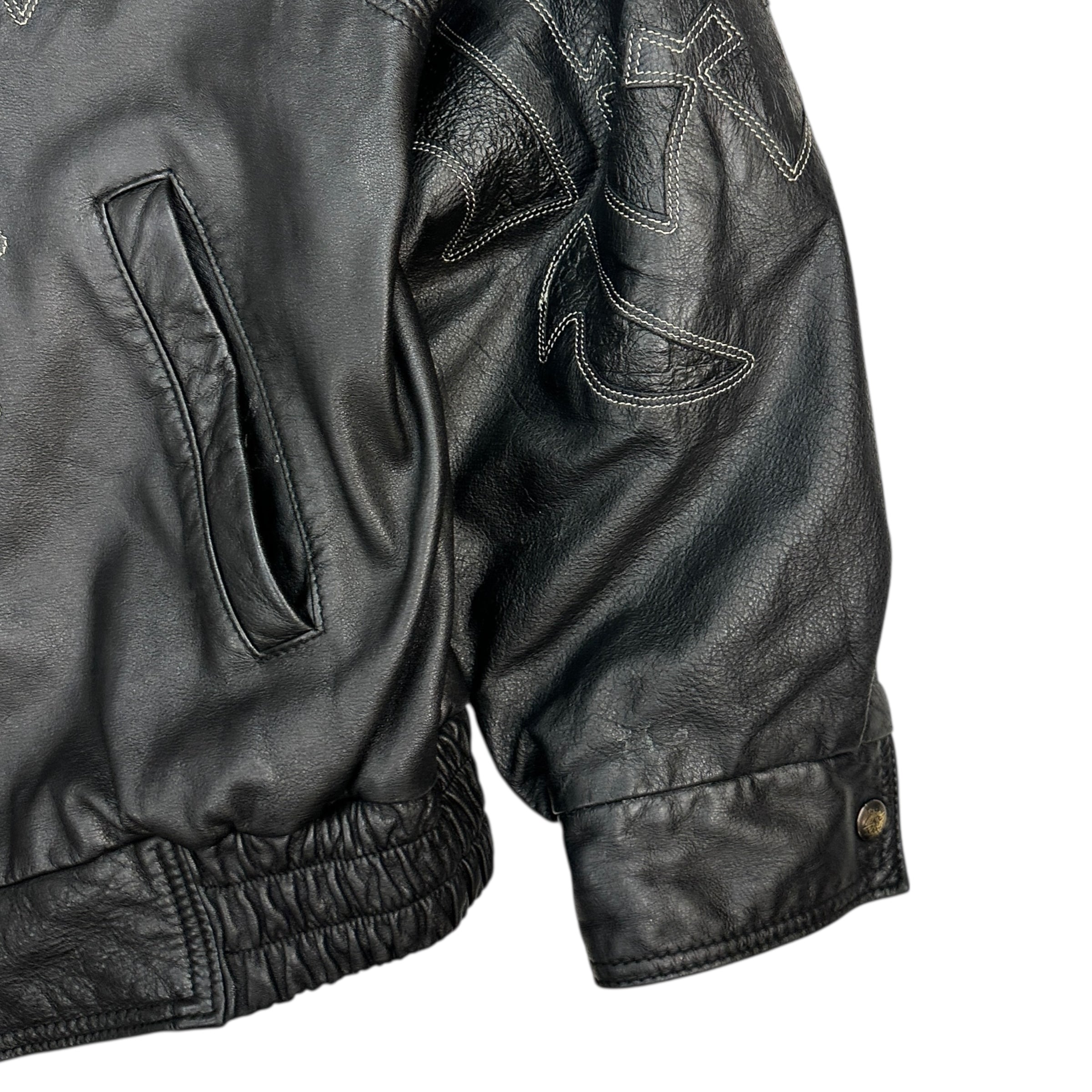Vintage Leather Cowboy Pattern Bomber Jacket Black